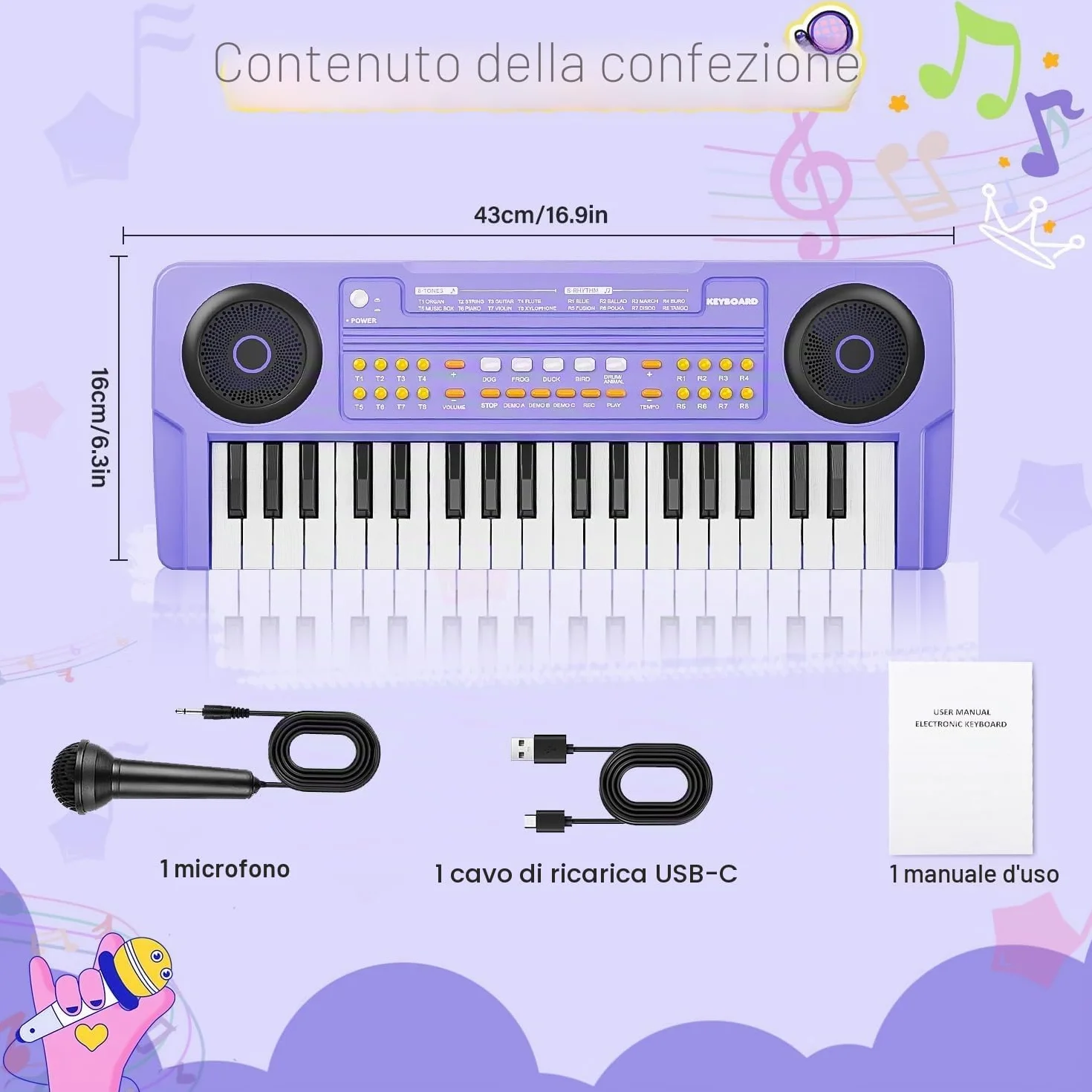Pianoforte Tastiera Giocattolo per Piccoli - Pianoforte Elettrico 37 Tasti con Microfono - Giocattoli per Bambine Bambini di 3 4 5 6 7 Anni - Regali di Compleanno e Natale (Viola)