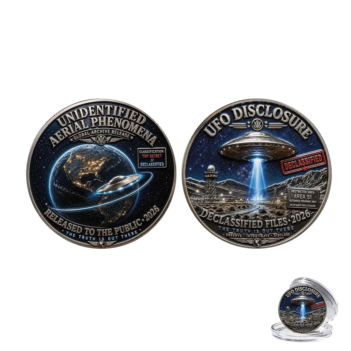 Moneta commemorativa UFO Disclosure 2026, moneta sfida a doppia faccia UFO Files, gettone da collezione Area 51 Declassified Files, appassionati di alieni e fantascienza (01#)