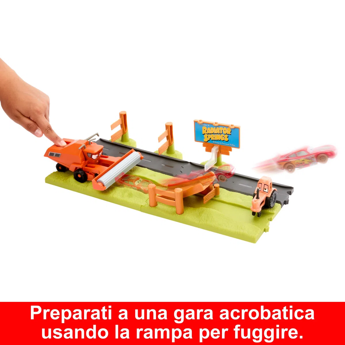 Mattel Disney e Pixar Cars Corsa Acrobatica in Fuga da Frank Playset con 3 veicoli giocattolo e 2 modalità di gioco, include Saetta McQueen, HRX48