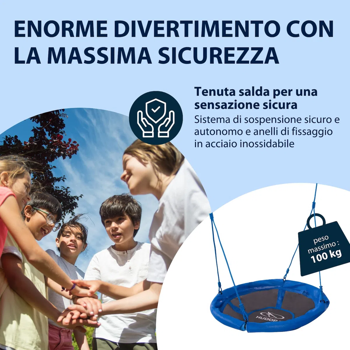 HUDORA Altalena a nido 90 - altalena nido in plastica blu per carico fino a 100kg - altalena con diametro di 90cm per interni ed esterni - Altalena familiare regolabile per bambini e adulti