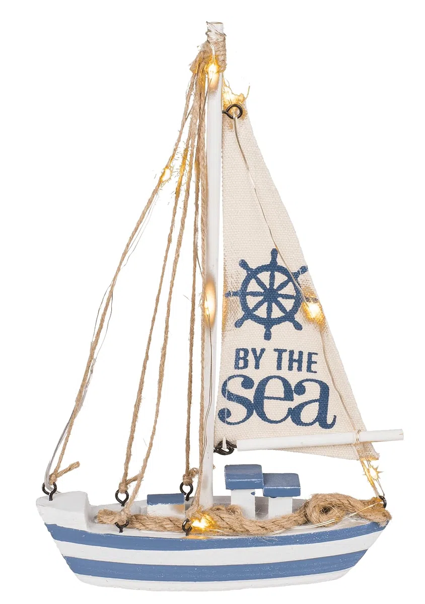 Out of the blue Barca a vela in legno con 7 LED, ca. 25 x 16 x 4 cm, batterie incluse