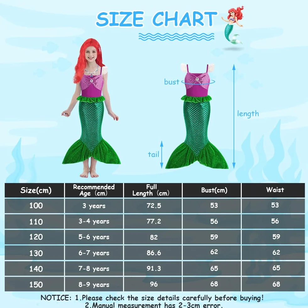 AOOWU Costume da Sirenetta Bambina, Vestito con Parrucca, Ariel Bambine Sirena con 5 Pezzi Accessori, Costumi Cosplay per Halloween, Natale, Compleanno