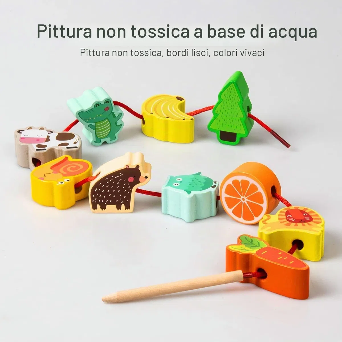 Giocattolo in Legno Fädelspiel Montessori Giocattolo Motorio 42 Pezzi Perline in Legno Frutta Animali Giochi Regalo per Ragazzi e Ragazze Giocattolo per Bambini a partire da 3 Anni