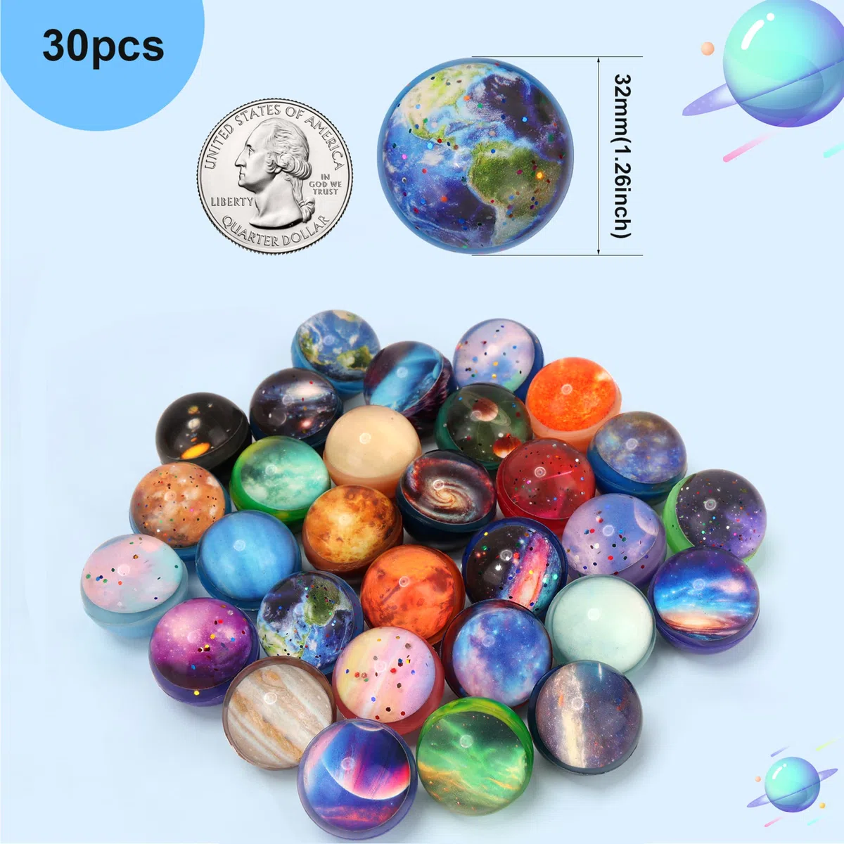 Pllieay 30PCS Galaxy Bouncy Balls, 32mmSpace Bouncy Balls Bulk, Space Party Favors Rubber Balls per bambini, Space Toys per bambini, riempimento della borsa regalo di Natale (30 stili)
