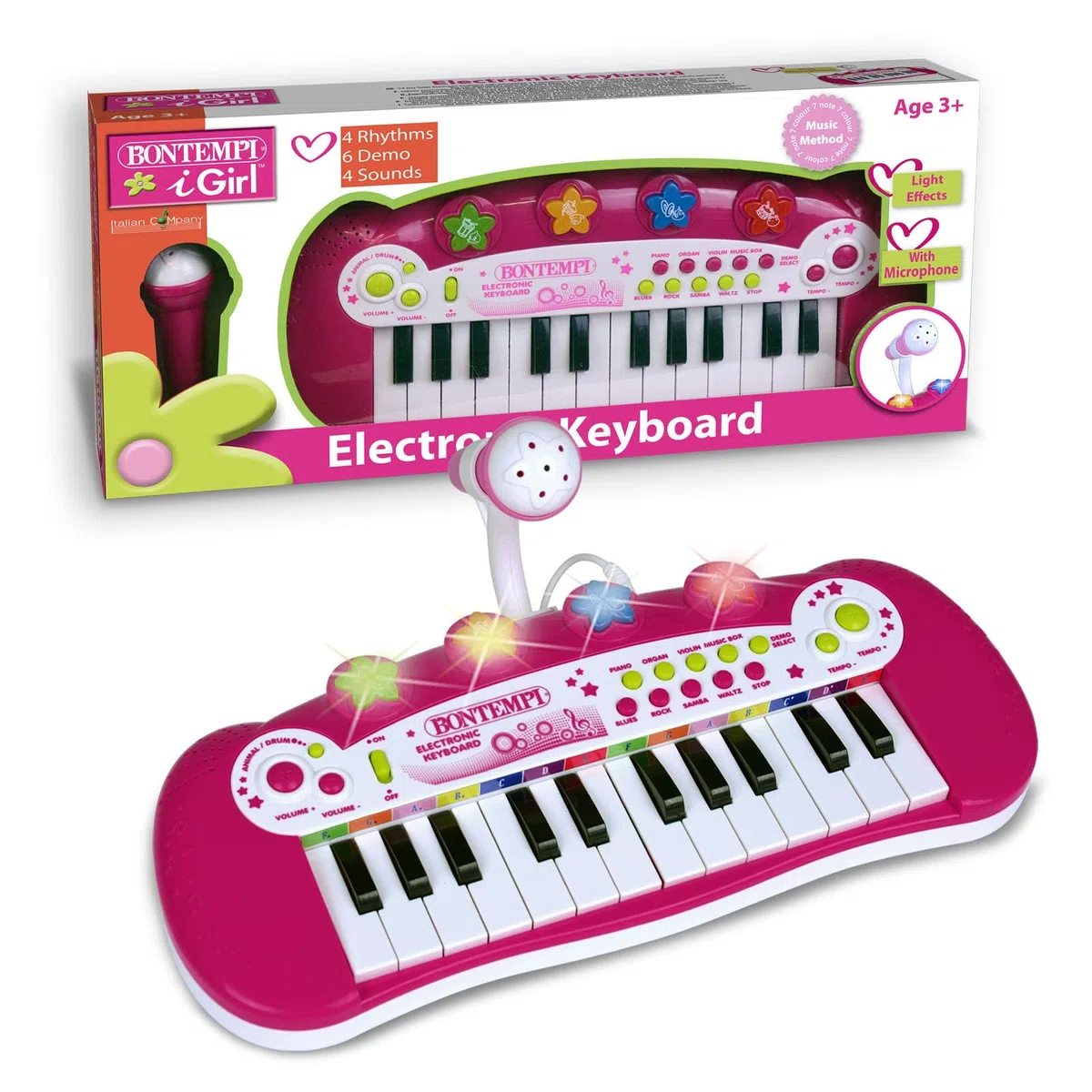 Bontempi | MiniMelody: Tastiera Giocattolo Elettronica a 24 Tasti con Microfono per Piccoli Musicisti, Rosa, 333x222x125 mm
