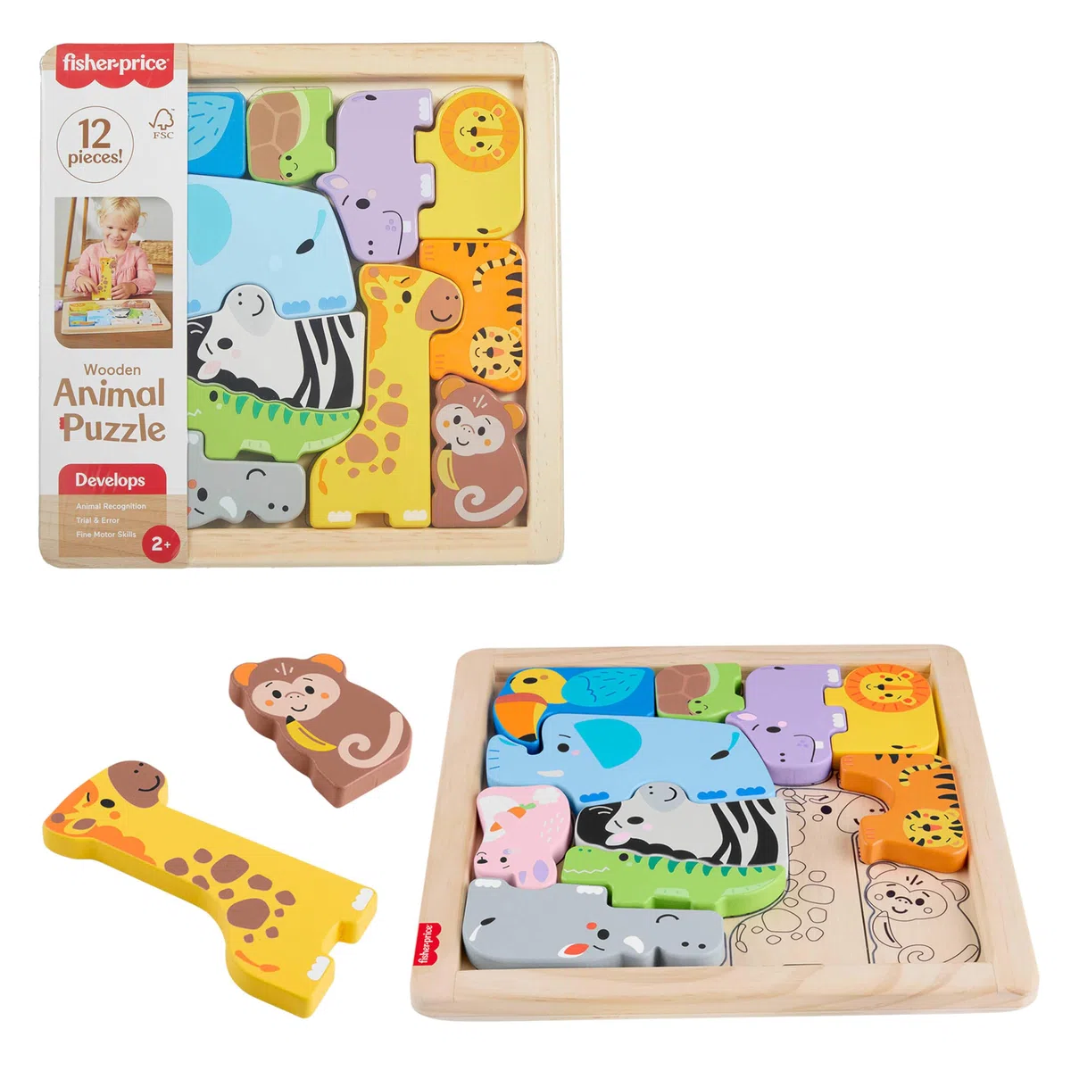 Fisher-Price - Puzzle Animali in Legno, Set cercaforme con 12 Blocchi in Legno a Forma di Animali e 1 Vassoio con Linee da seguire, Giocattolo per Bambini, 2+ Anni, JFG10