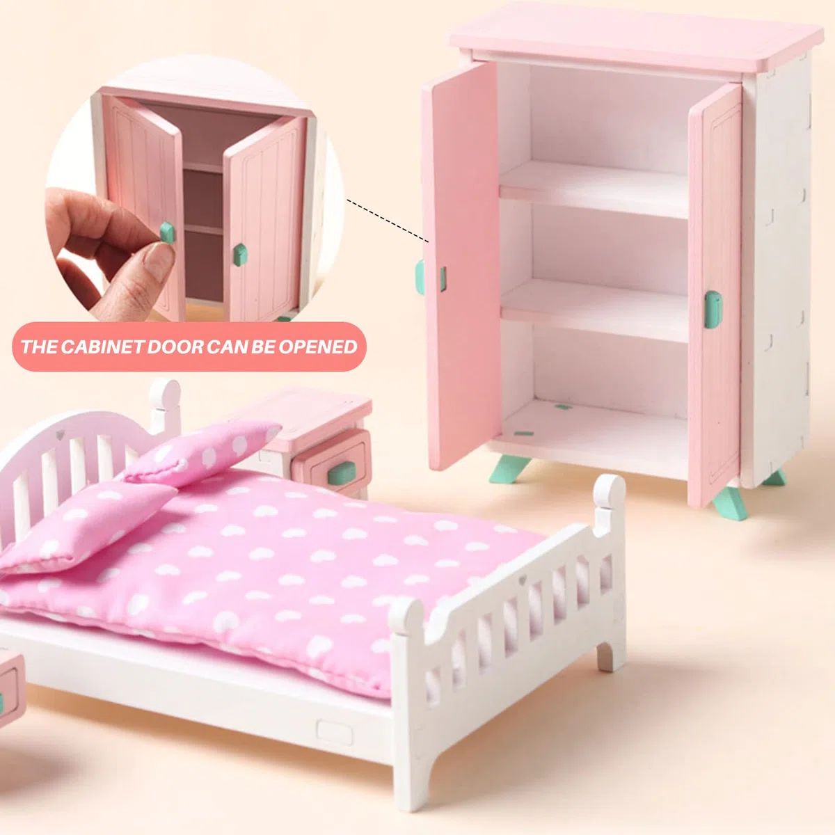 1/12 Miniatura Letto Matrimoniale in Legno Mini Comodino Camera da Letto Modello di Mobili per Bambole Decorazioni per La Casa Fai da Te,Mobili Dollhouse per casa delle Bambini Armadio Set Toy,7 pezzi