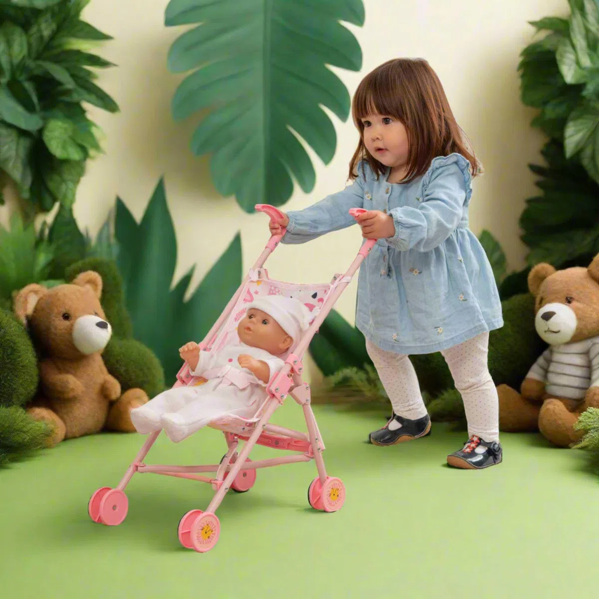 BabyBoo - Passeggino singolo, passeggino per bambole, passeggino ombrello, pieghevole, giocattolo per giochi di ruolo bambini dai 2 anni in su (giungla rosa)