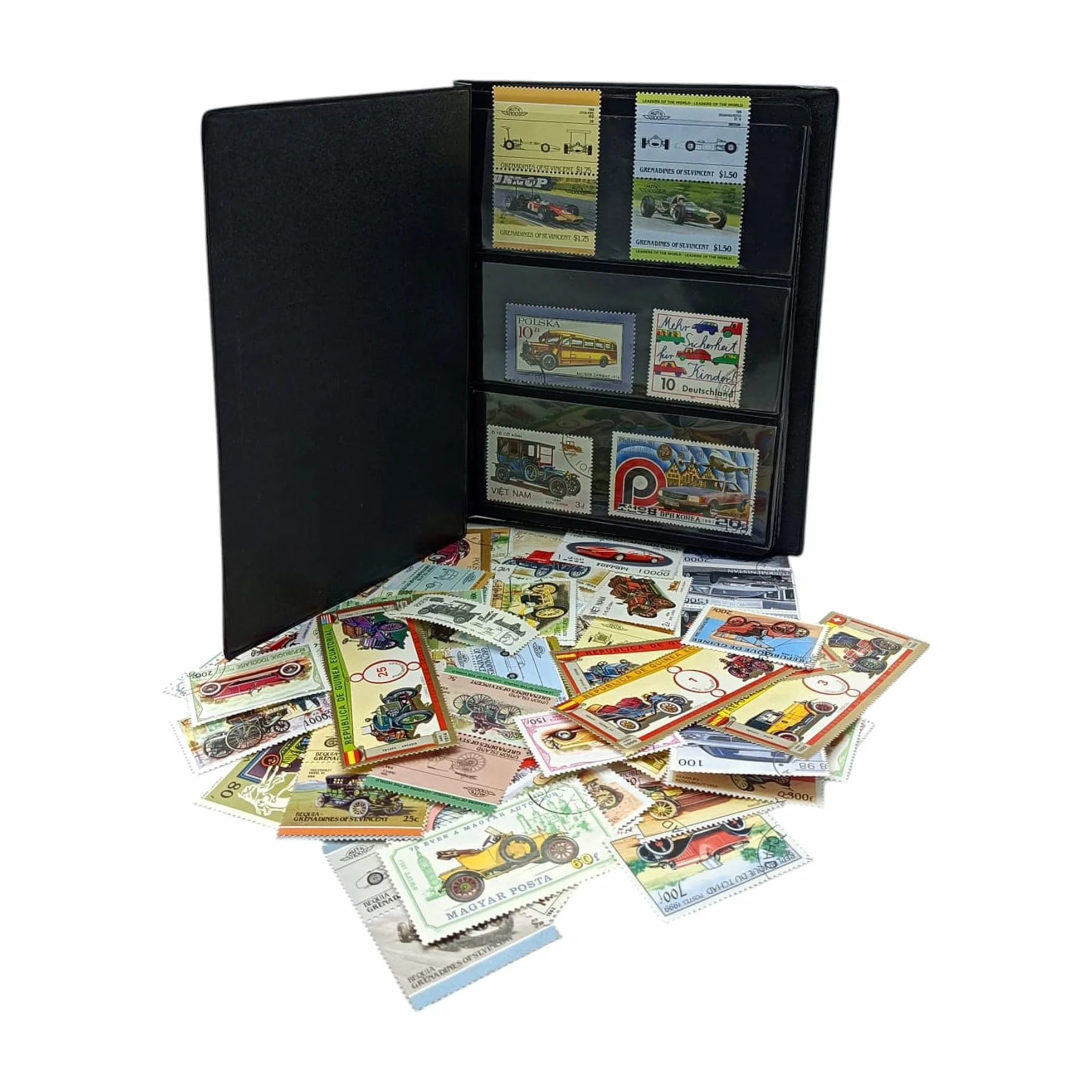 IMPACTO COLECCIONABLES – Collezione di 100 francobolli a Tema Auto con Album Incluso (14 x 18 x 1 cm) | Eleva la Tua Collezione filatelica con Autentici francobolli in Un Album Compatto ed Elegante
