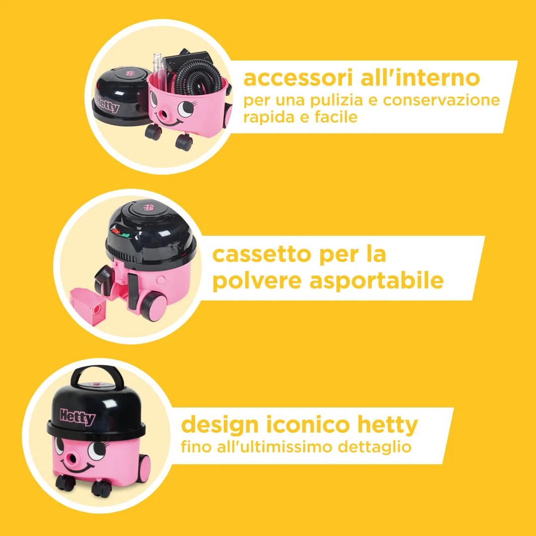 Casdon Giocattoli Henry & Hetty - Aspirapolvere Hetty - Aspirapolvere rosa che funziona davvero con accessori - Set di pulizia per bambini - Età: 3+ anni
