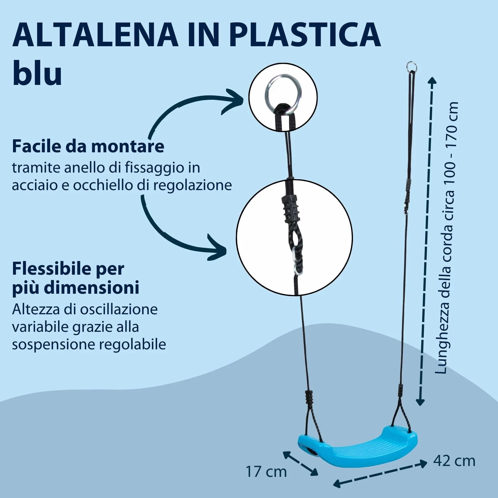 Hudora Altalena con Sedile Blu - Altalena per Bambini da Esterno con Seduta in Gomma - Certificata TÜV Rheinland/GS con Funi Regolabili in Altezza - Fino a 50kg
