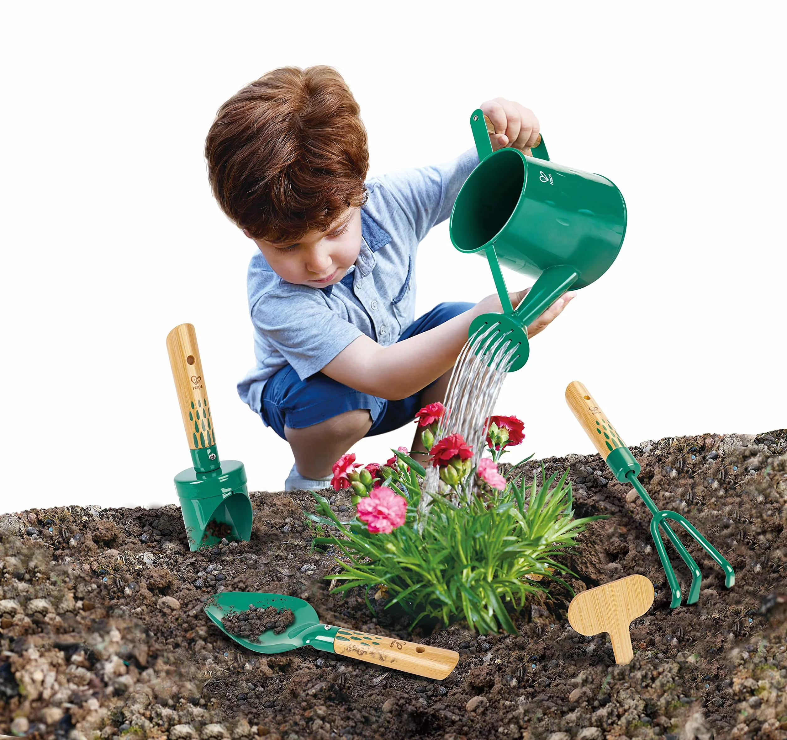 Hape Nature Fun - Set da Giardinaggio: annaffiatoio, spatola, rastrello e minivanga in Ferro e bambù per Piccoli giardinieri dai 4 Anni in su