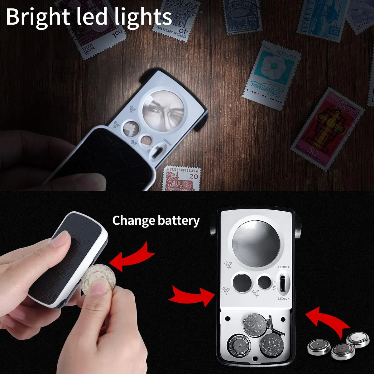 OS19 OS19 - Ingranditore Lente d'ingrandimento tascabile estraibile, 30x, 60x, 90x, con luce LED UV, portatile, per gioielli, diamanti, gemme, monete, francobolli, rocce, piante, casa, ufficio