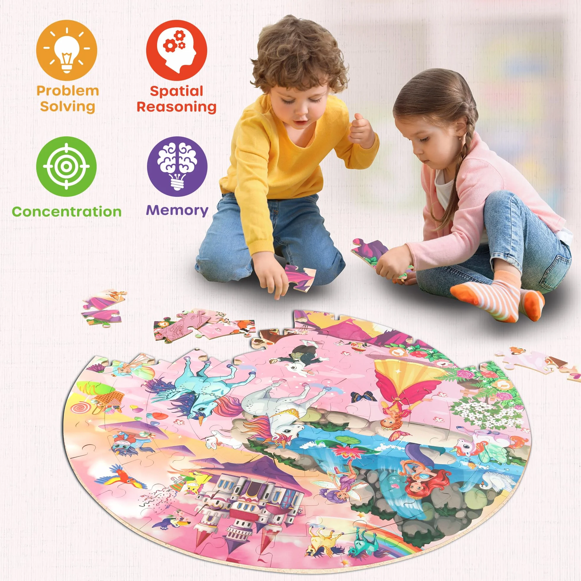 SYNARRY Puzzle da Pavimento Unicorno Princess in Legno Bambini 3 4 5 6 7 8 Anni, 70 Pezzi Puzzle Unicorno, Giocattoli Educativi Prescolari Regali