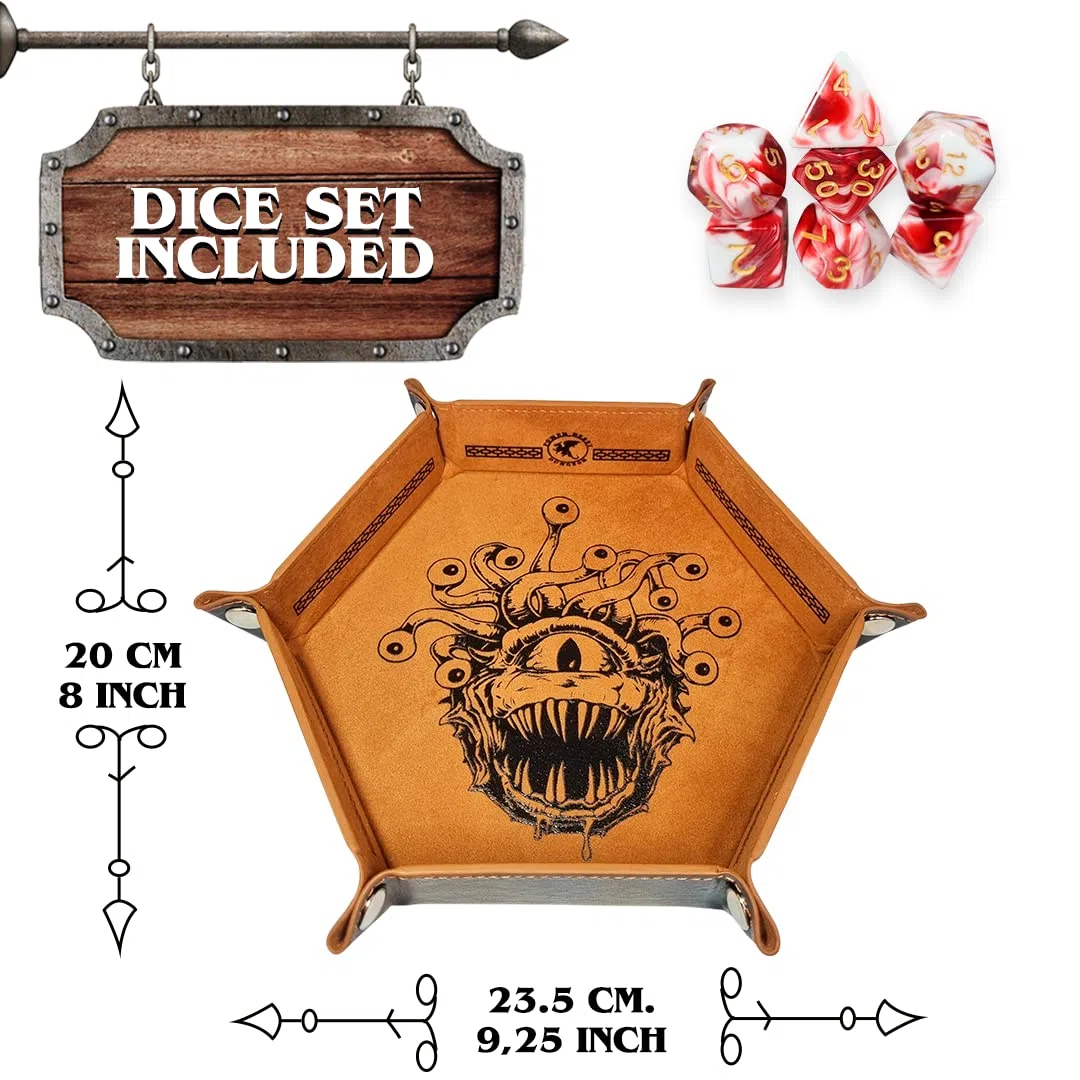 Dungeon Beholder Tappetino per rollare i dadi, vassoio per dade + set di poliedrici 7 pezzi, Dungeons and Dragons, Dungeon Master, RPG.