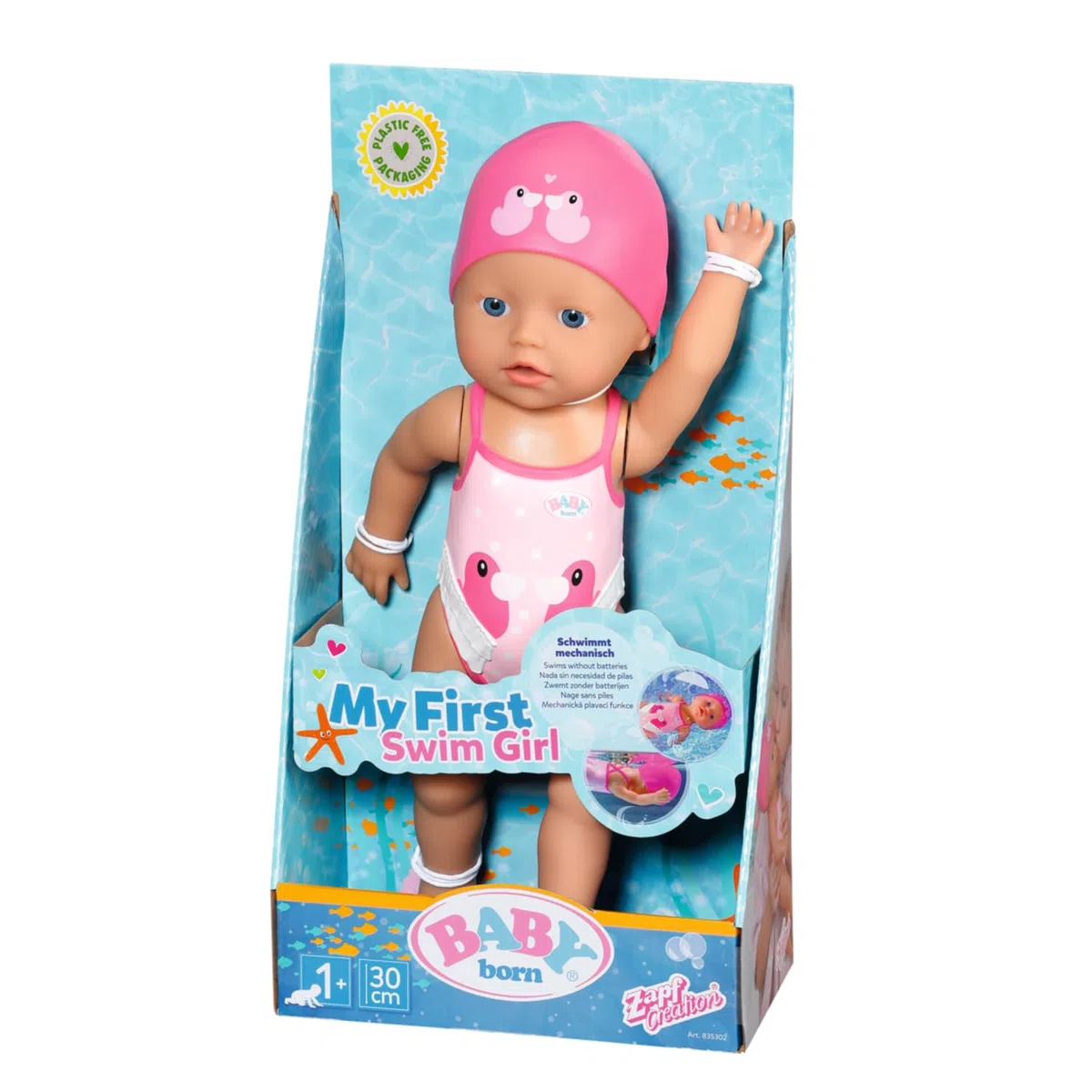 BABY born Zapf Creation 835302 My First Swim Girl 30cm -Badepuppe, bewegliche Arme und Beine, schwimmt durchs Wasser, Wasserdicht und ohne Batterien verwendbar.