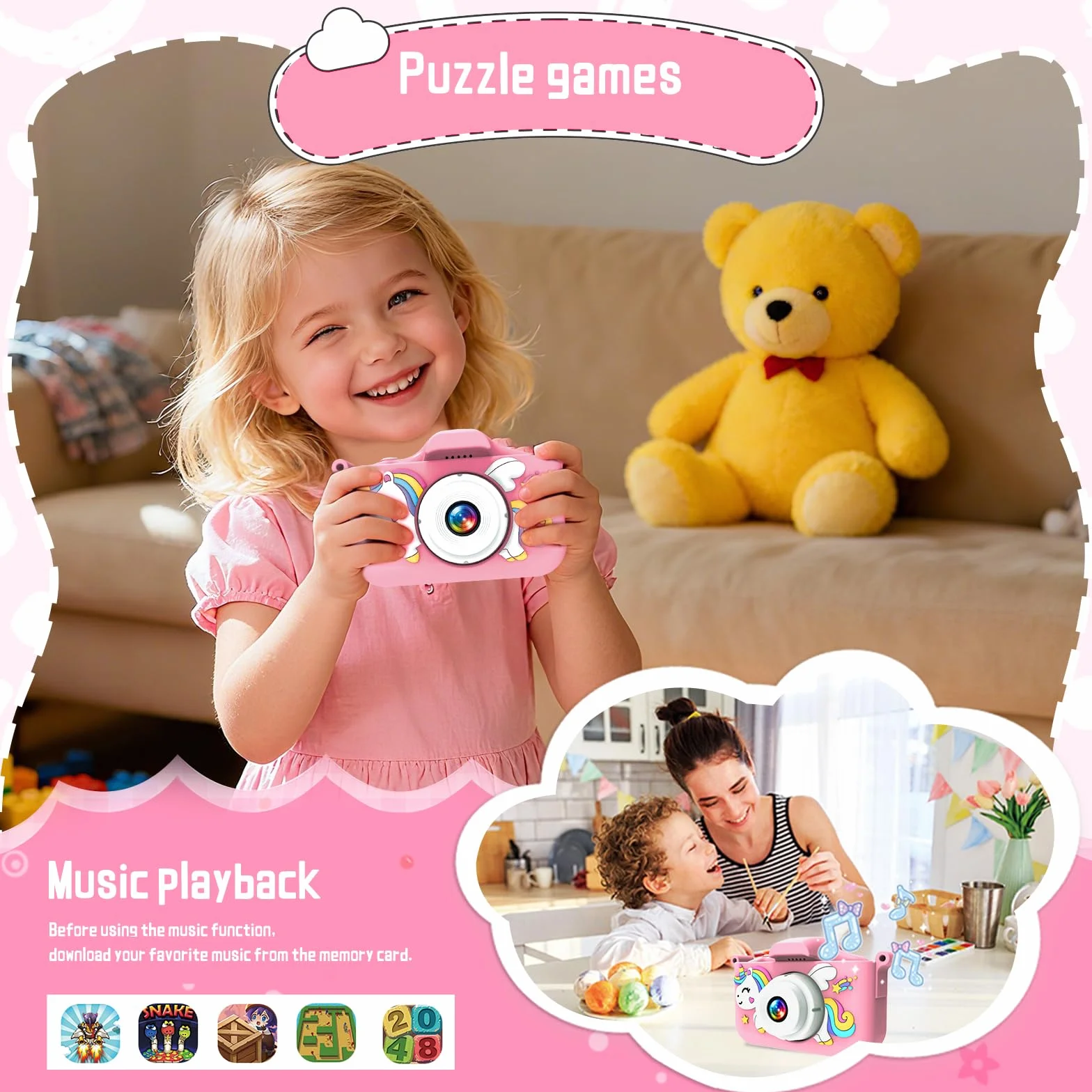 Fotocamera per bambini 1080P con 32GB e giochi - Fotocamera digitale per bambini dai 3 anni in su, fotocamera selfie con custodia in silicone unicorno, funzione di ricarica USB, musica e giochi
