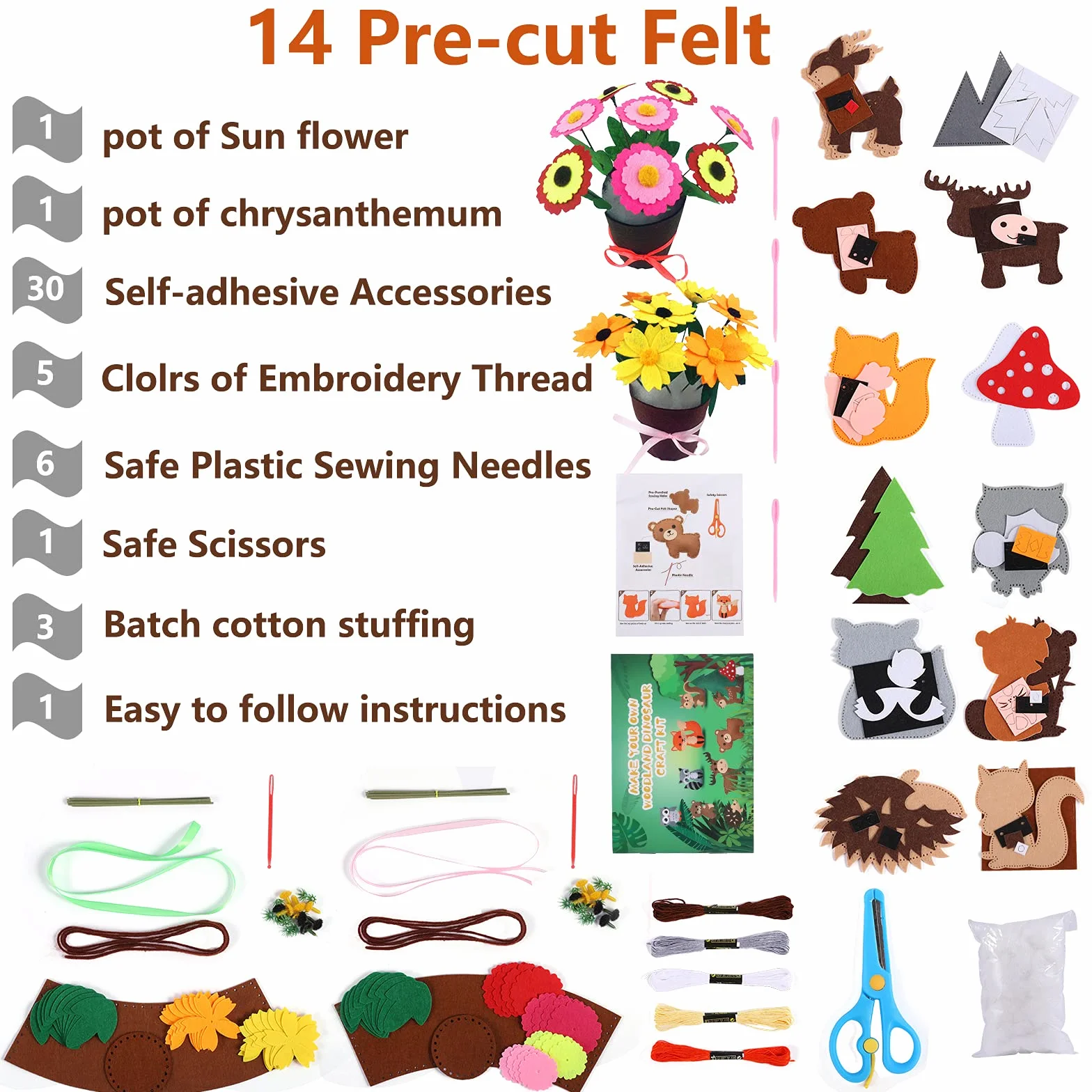 Goomp Confezione da Cucito in Feltro per Bambini,Kit da cucito per imparare a cucire bambini Artigianato e Cucire Set per Bambini Educativi Principianti Cucito Peluche Ripiene Ornamenti, Set di 14