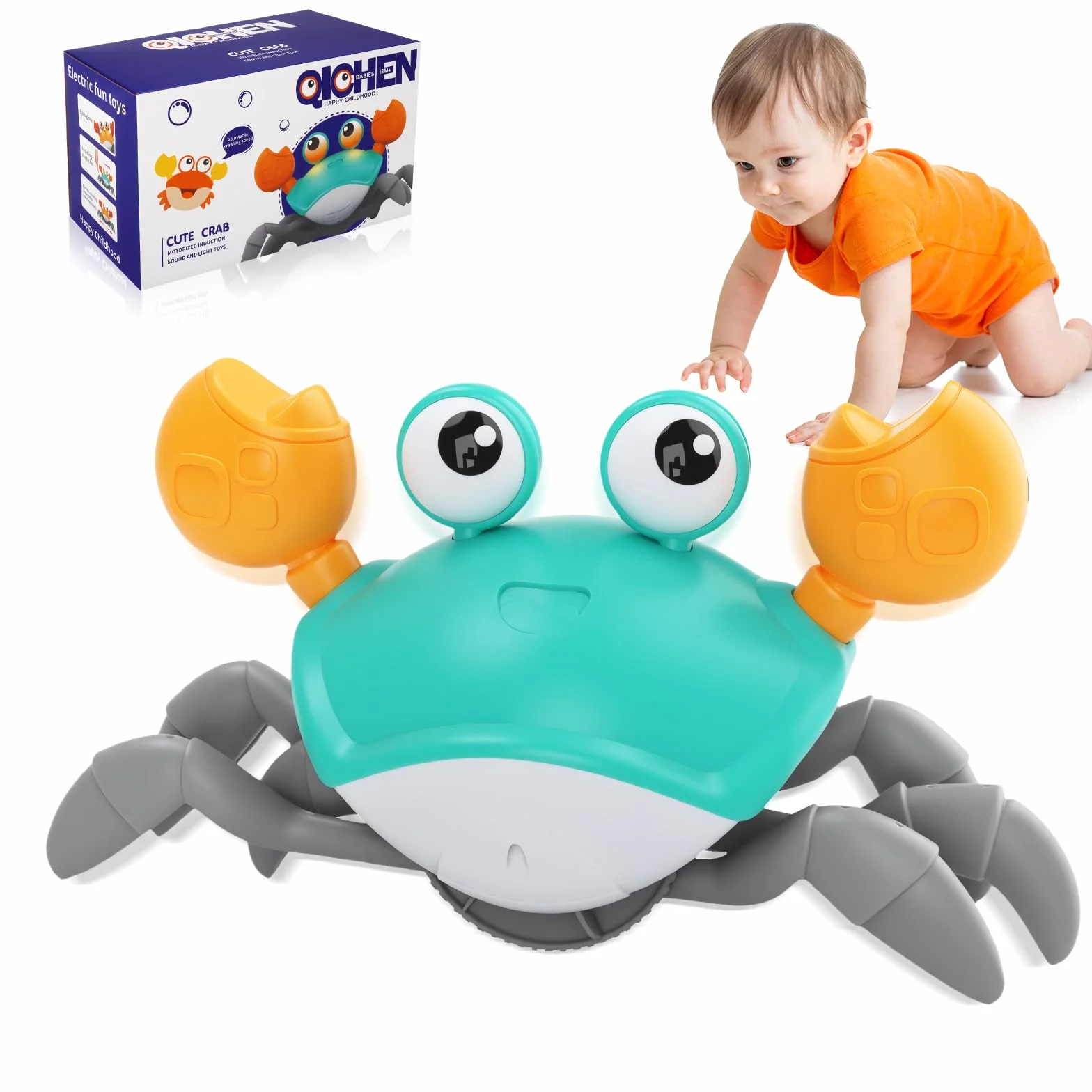 UCAMP Granchio Che Cammina Neonato con Musica e Luci LED, Gioco Interattivo per Tummy Time e Sviluppo Motorio 3-12 Mesi, Educativo Sensoriale, Regalo per Nascita, Compleanni, la Festa dei Bambini