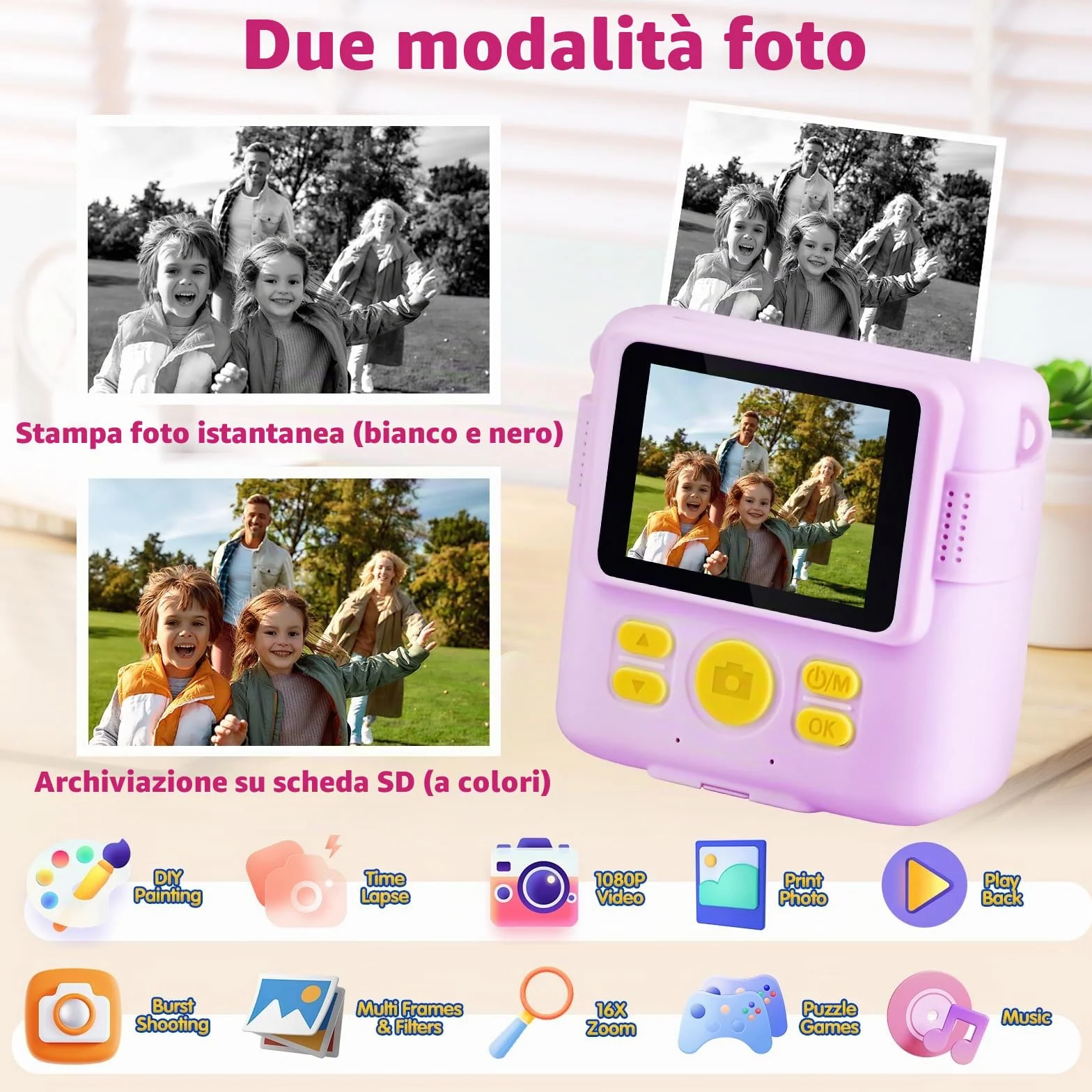 CHRERNA Macchina Fotografica Bambini Istantanea,2,4 Pollici Fotocamera Istantanea Bambini con 32GB Scheda, 1080P HD Fotocamera Digitale Bambina, Regalo per Ragazze Ragazzi da 3-12 Anni