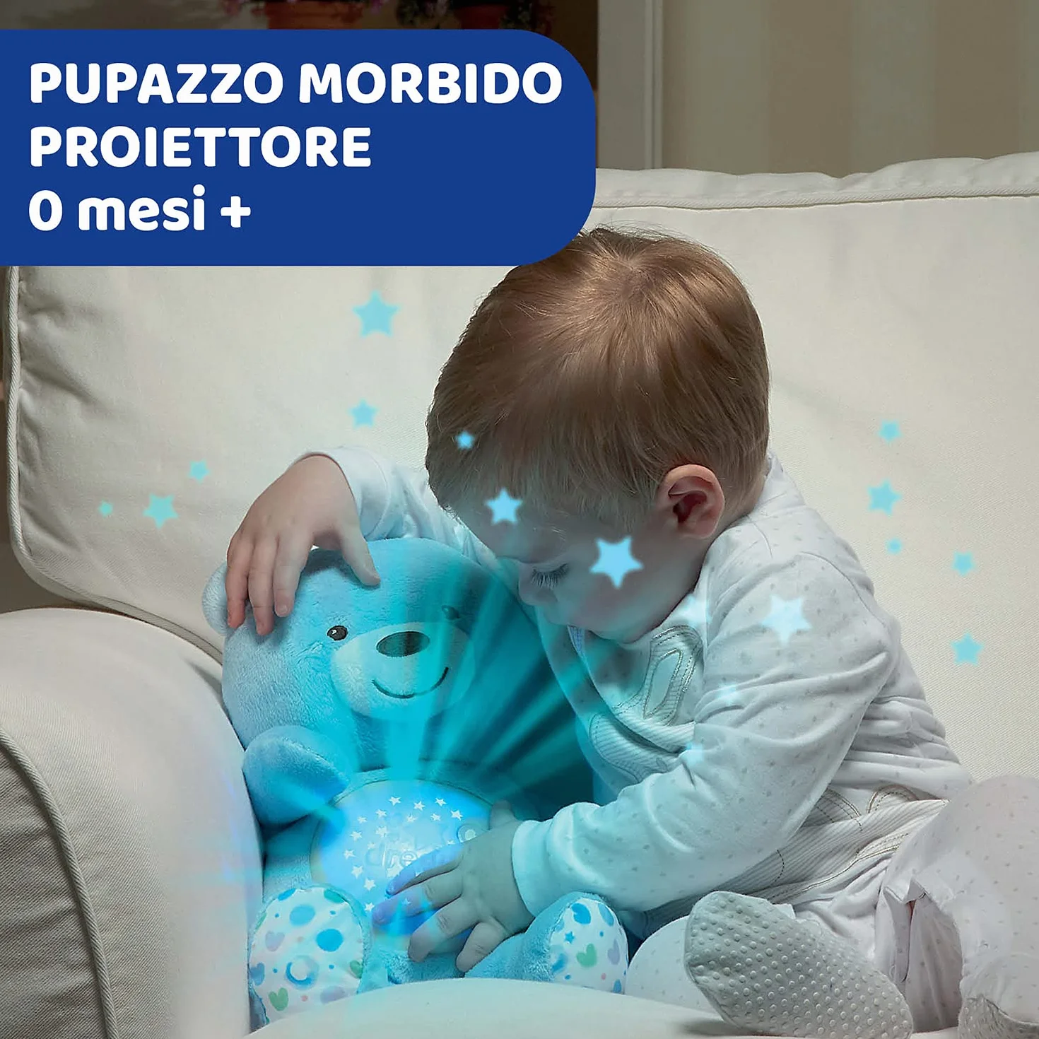Chicco First Dreams Orsacchiotto Peluche Baby Bear, Soffice Pupazzo Proiettore con Luce Notturna Bambini, Effetti Luminosi e Rilassanti Melodie, Azzurro - Giochi Neonato 0 Mesi +