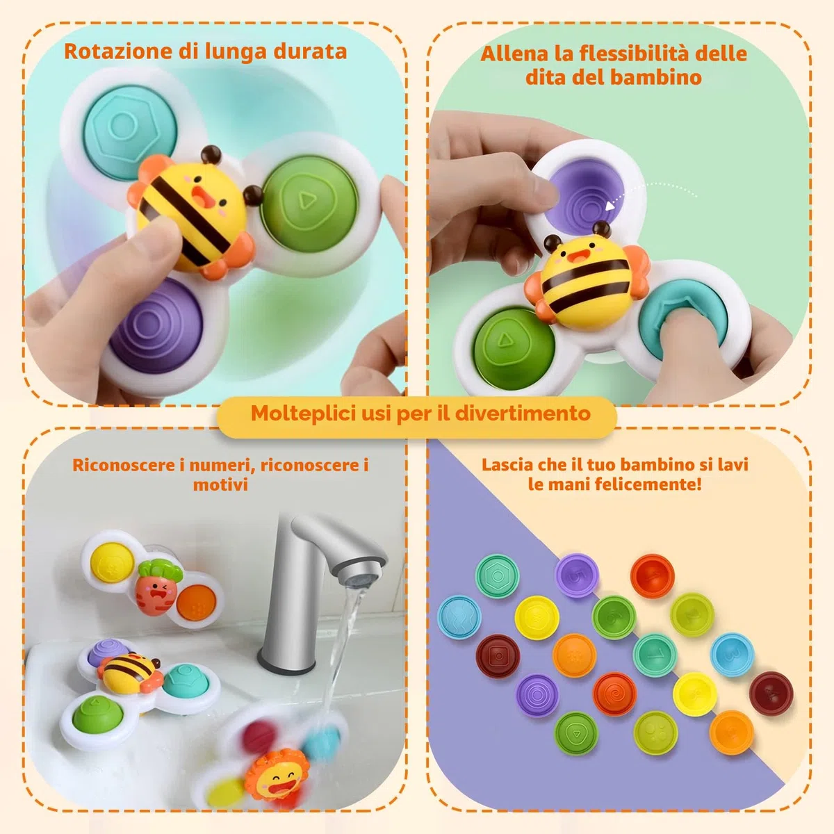 3 pezzi giocattolo a ventosa, giocattolo sensoriale bambino 1 anno ciotola da tavolo giocattolo trotola bambini giocattoli da bagno regali (Smiley)