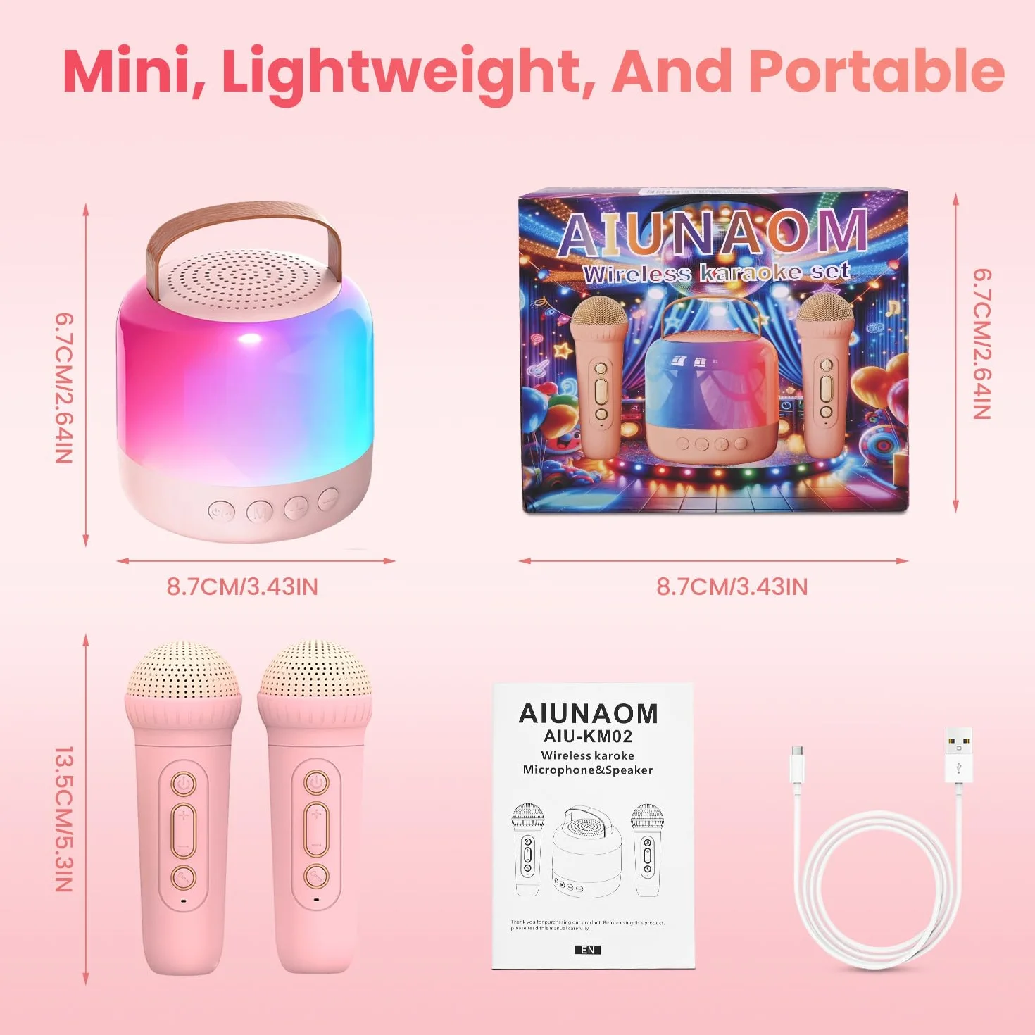 AIUNAOM Macchina per Karaoke con 2 Microfoni Senza Fili per Bambini, Cassa Bluetooth Portatile con LED ed Effetti Sonori - Regalo di Natale Ideale per Ragazze 3-12 Anni
