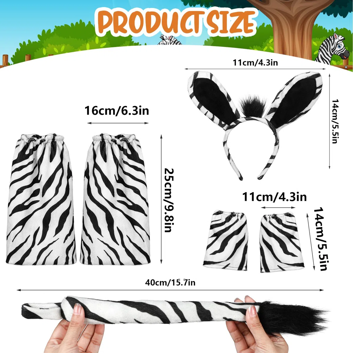 Hifot 6 Pezzi Set di Costumi per Zebra, Zebra Cerchietto con Orecchie Coda Guanti Scaldamuscoli, Zebra Costume Animale Accessori per Bambini Adulti per Cosplay Halloween Carnevale Festa a Tema