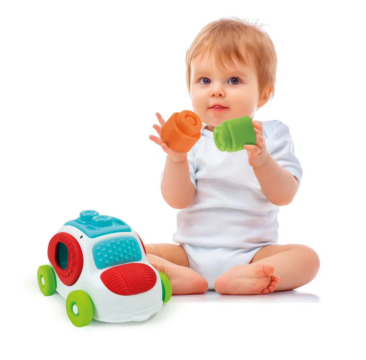 Clementoni Soft Clemmy - Touch, Move And Play Sensory Car, Bambini 6-36 Mesi, Macchinina Raccoglitore 8 Mattoncini, Gioco Prima Infanzia, Sviluppa Manualità e Percezione Tattile, Made in Italy, 17315