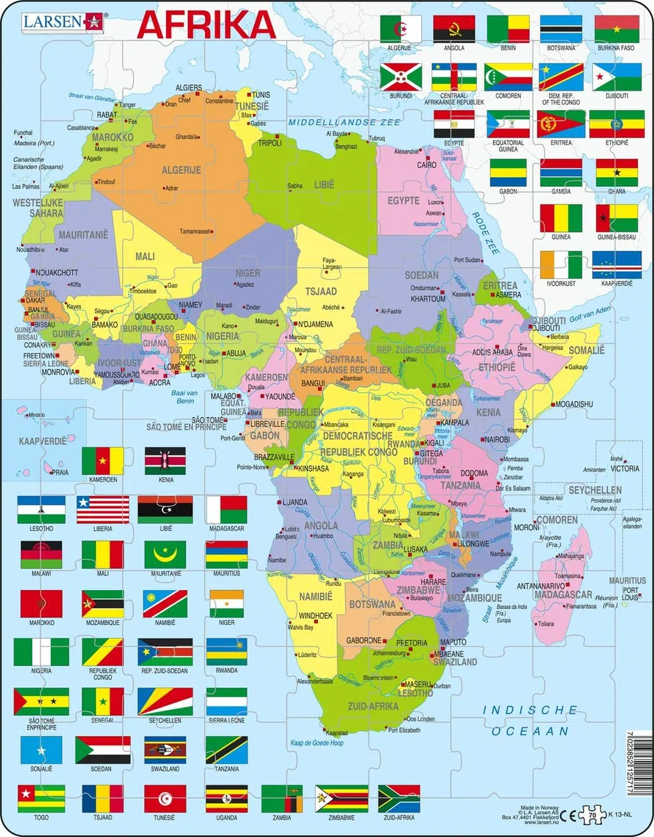 Larsen K13 Mappa Politica dell'Africa, Edizione Olandese, Puzzle Incorniciato con 70 Pezzi