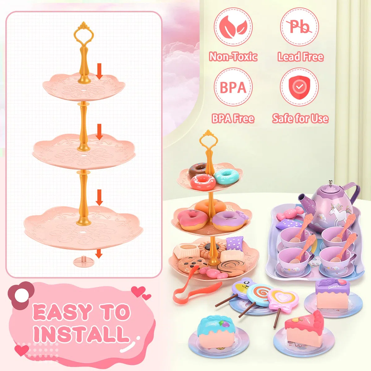 ENCOUN 48PCS Set da Tè per Bambini, Accessori Cucina Bambini, Set da Tè in Latta, Servizio da tè e Valigia Unicorno, Tea Party Finta di Giocare Unicorno Compleanno Regalo per Bambina 3 4 5 6 7 Anni