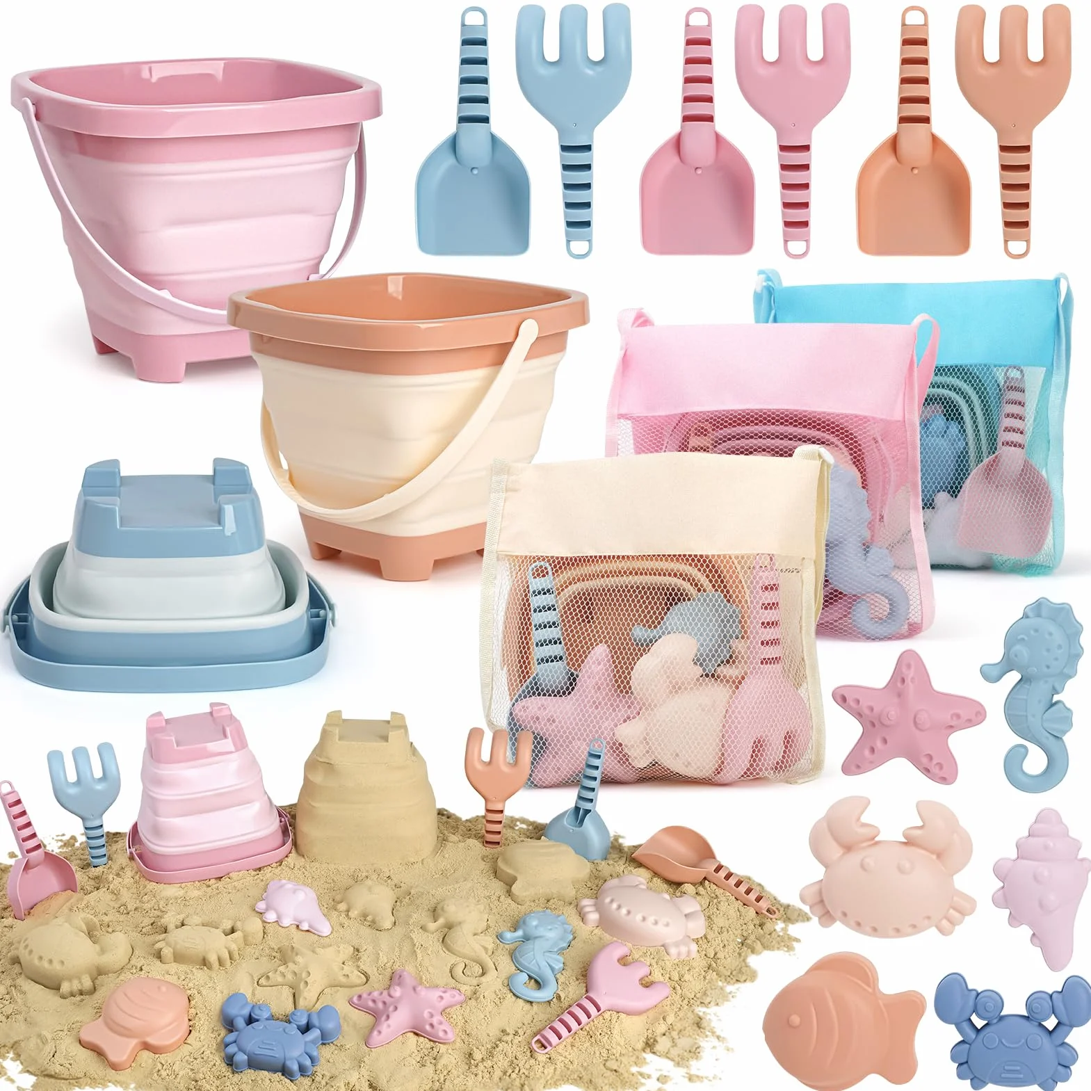 Dreamon Giochi Spiaggia Bambini, 18 Pezzi Giochi Mare con Secchiello Spiaggia Bambini Pieghevole Paletta Borsa Rete Giochi Spiaggia