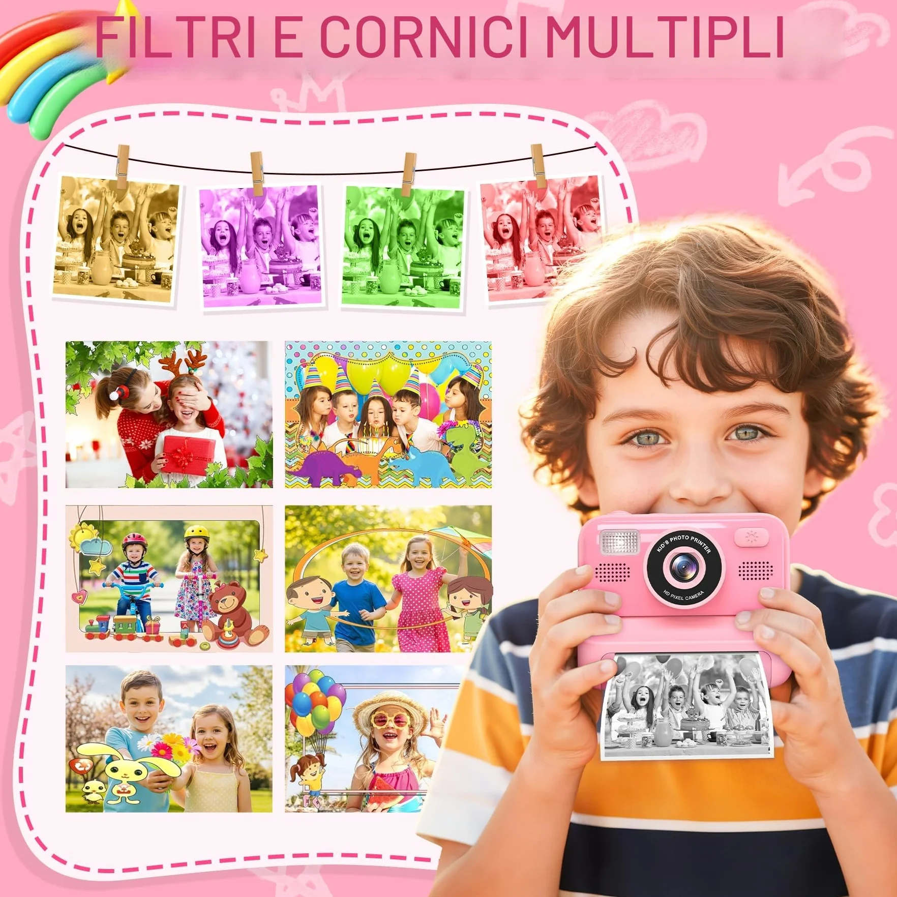 Macchina Fotografica Bambini, 2.4" HD Selfie Fotocamera Bambini con Scheda da 32 GB e 3 Rotoli di Carta da Stampa, Giochi Regalo Natale bambini bambino Nero digitale(Rosa)