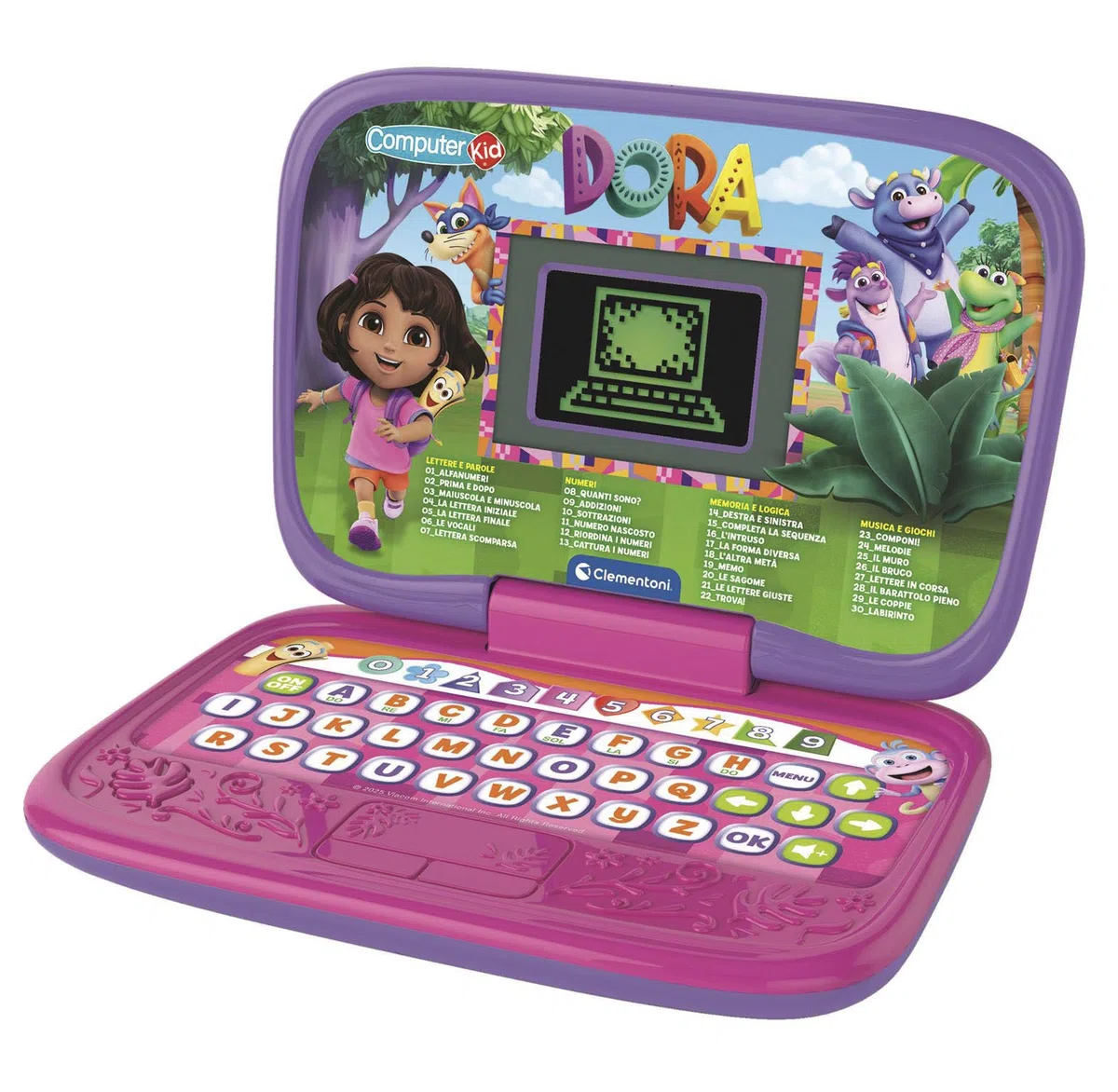 Clementoni - Computer Kid Dora Laptop Educativo Bambini 4+ Anni, 30 attività Educative per Imparare Lettere, Numeri, Parole, Logica e Musica, Lingua Italiana, 16521