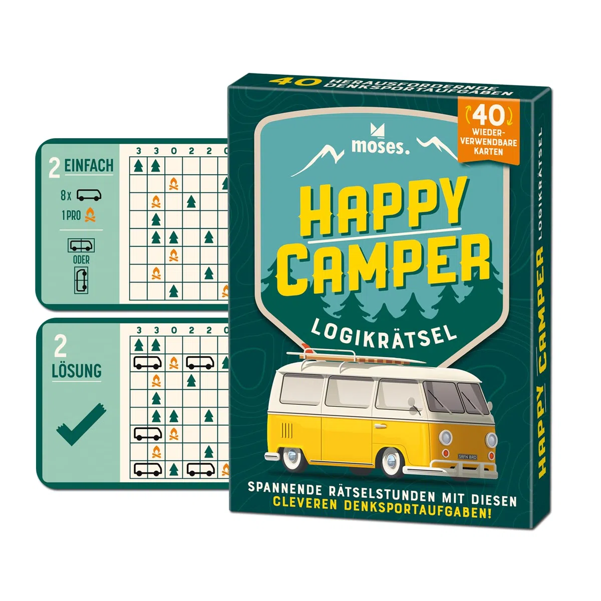 moses 92137 Happy Camper, Puzzle Logico con Fattore di dipendenza da Viaggio, 40 Carte riutilizzabili con Penna, compiti di Pensiero in 3 Livelli di difficoltà per Ragazzi e Adulti, Giallo
