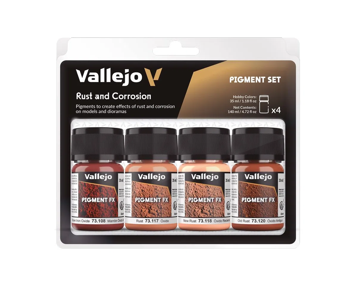 Vallejo Pigment FX Set di Pigmenti per Modellismo, 4 Colori Sintetici da 35 Ml, Tutorial Incluso per Simulazione di Ossidazione e Corrosione in Diorami
