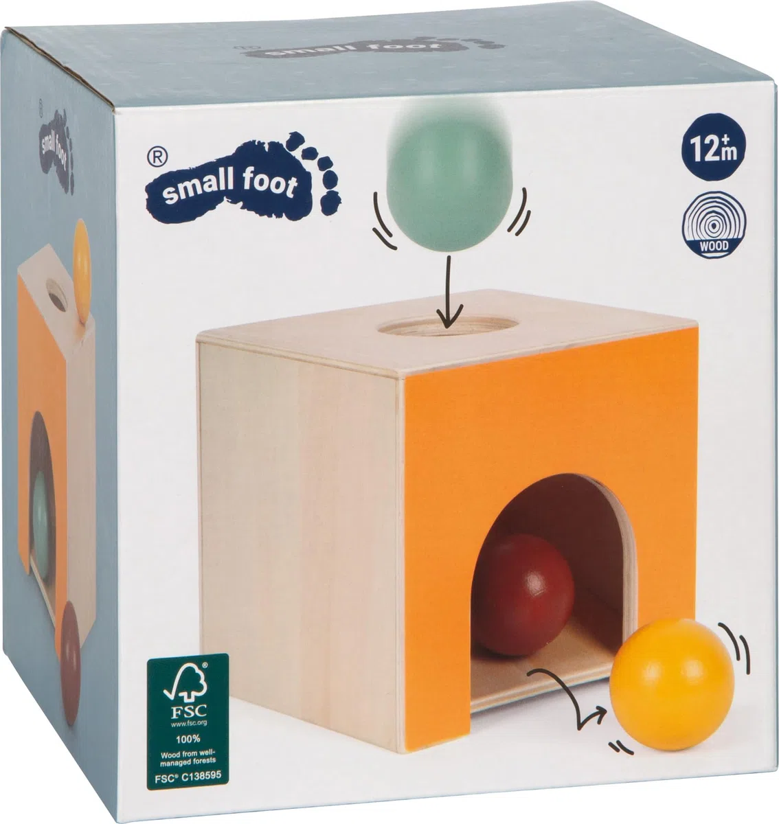Small Foot Scatola di Palline Montessori in Legno FSC 100% Certificato, Giocattolo per l'apprendimento con 3 Palline, Giocattolo per la motricità per Bambini Piccoli a Partire da 1 Anno, 12744