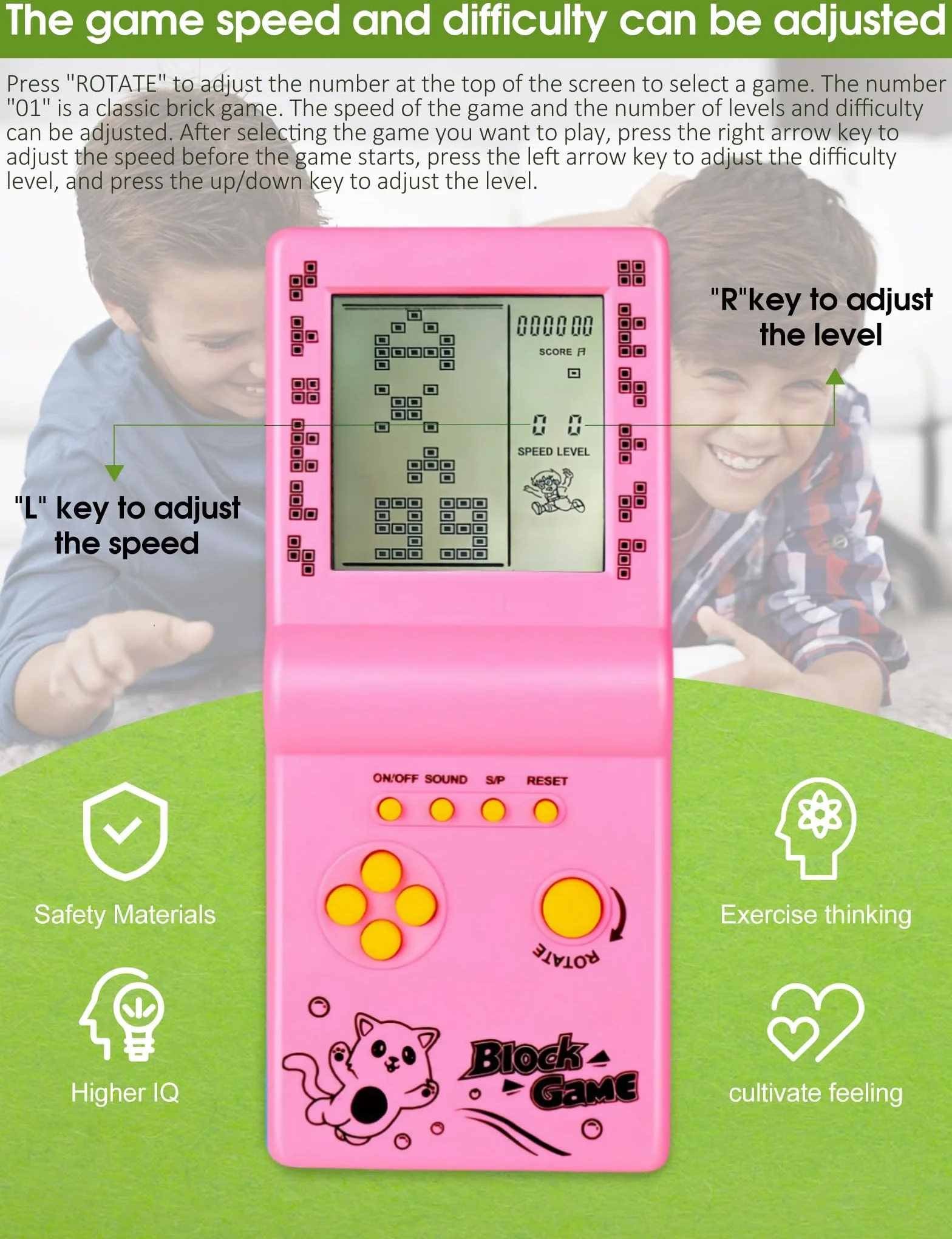 Console di Gioco in Mattoni a Grande Schermo da 3,5 Pollici - Blocchi di Costruzione, Corse, Carri Armati - 26 Giochi Classici Puzzle Nostalgici Integrati (Rosa)
