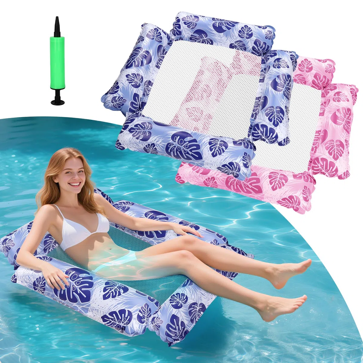 2 Pezzi Amaca galleggiante, Galleggiante Piscina, Materassino Piscina, 4-in-1 Materassino Gonfiabile Mare Piscina, Accessori Piscina, Sdraio Amaca Materassino Mare, poltrona gonfiabile piscina