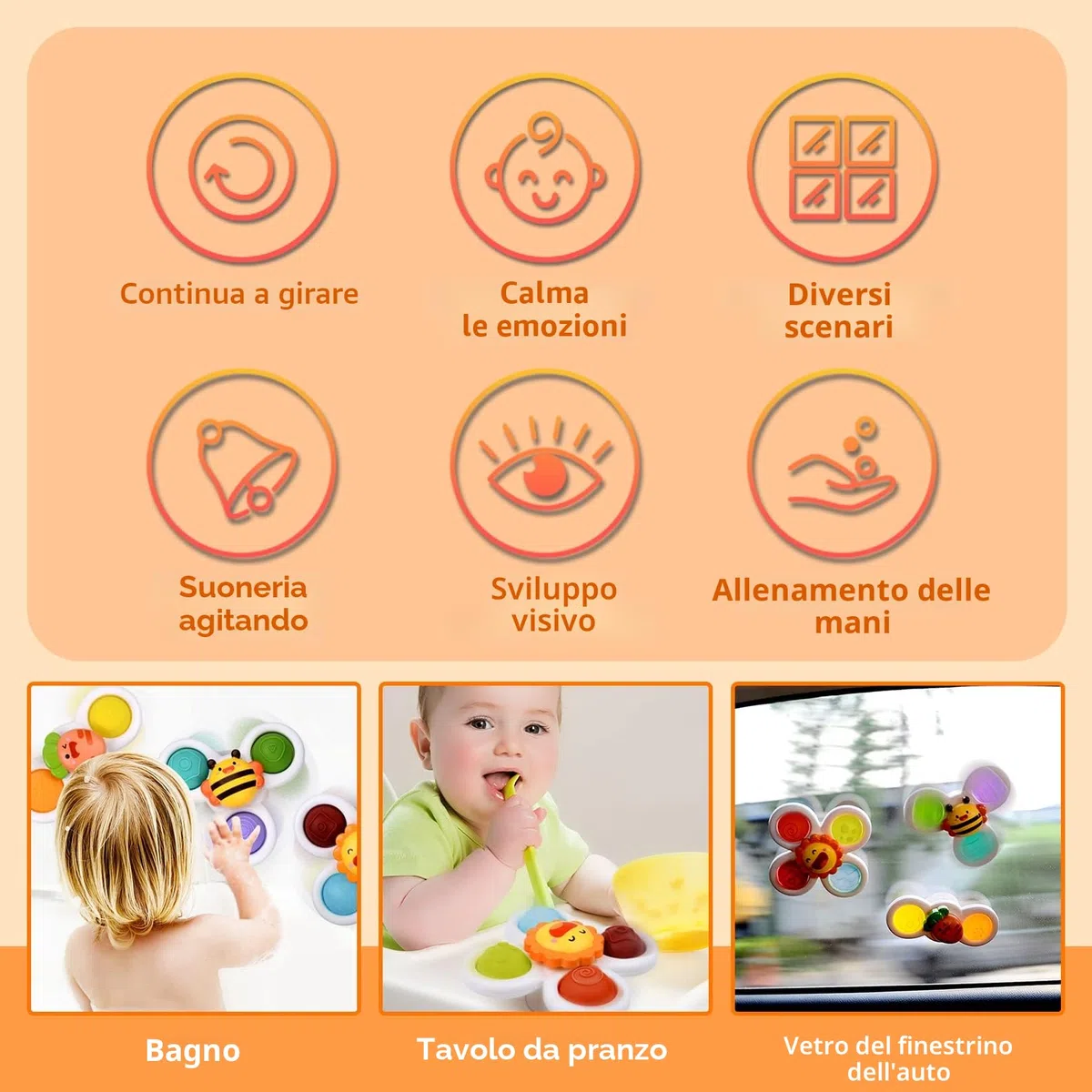 3 pezzi giocattolo a ventosa, giocattolo sensoriale bambino 1 anno ciotola da tavolo giocattolo trotola bambini giocattoli da bagno regali (Smiley)