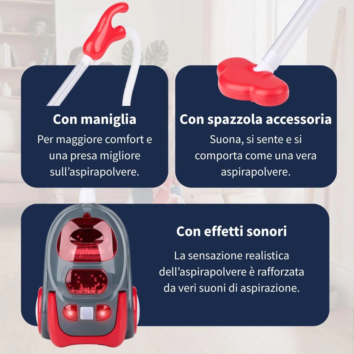 Dirt Devil Aspirapolvere Giocattolo con Tubo Flessibile - con Effetti Sonori e Particelle Rotanti - Giocattolo senza Fili per Bambini dai 3 anni - 88 x 15 x 12,5 cm - Rosso/Grigio