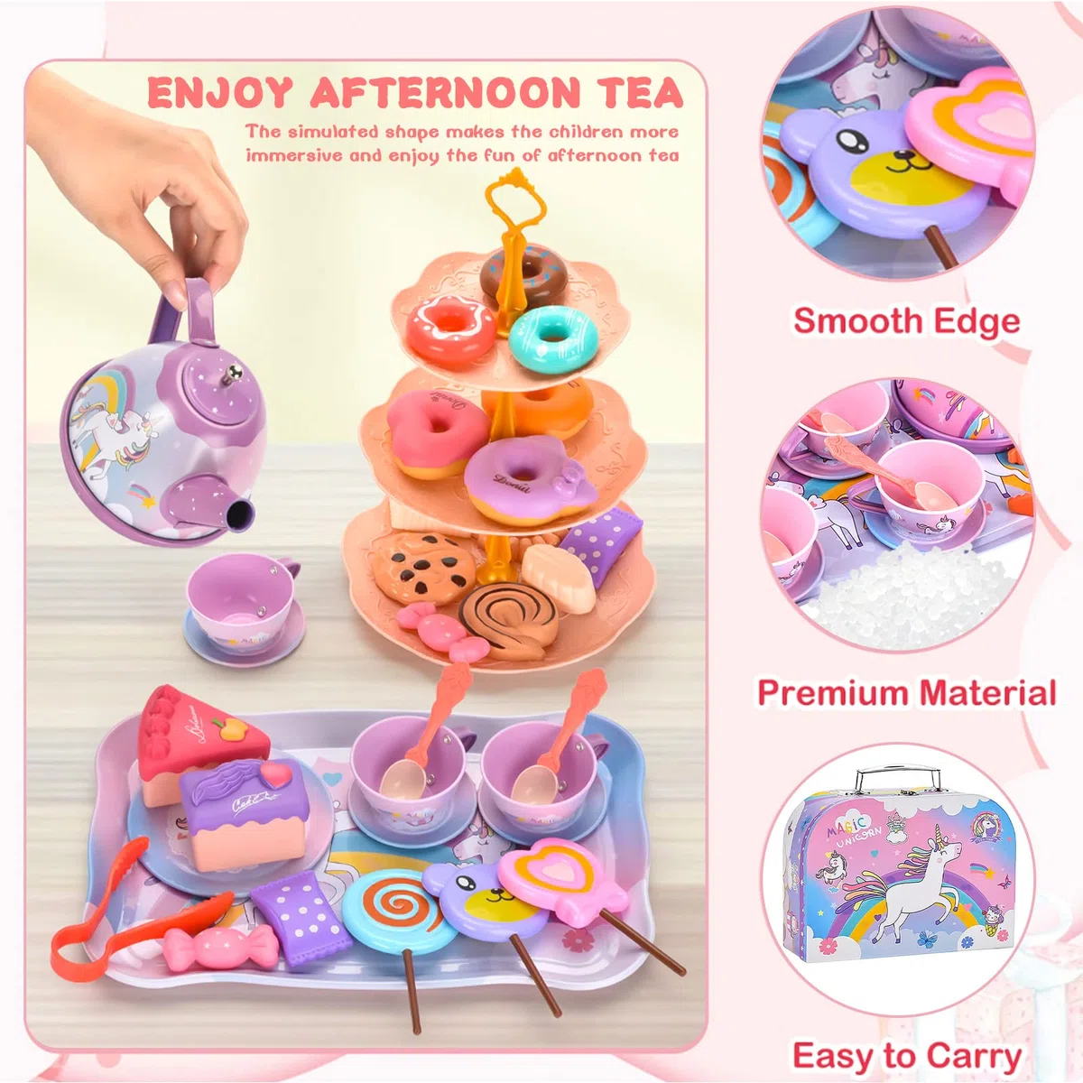 ENCOUN 48PCS Set da Tè per Bambini, Accessori Cucina Bambini, Set da Tè in Latta, Servizio da tè e Valigia Unicorno, Tea Party Finta di Giocare Unicorno Compleanno Regalo per Bambina 3 4 5 6 7 Anni
