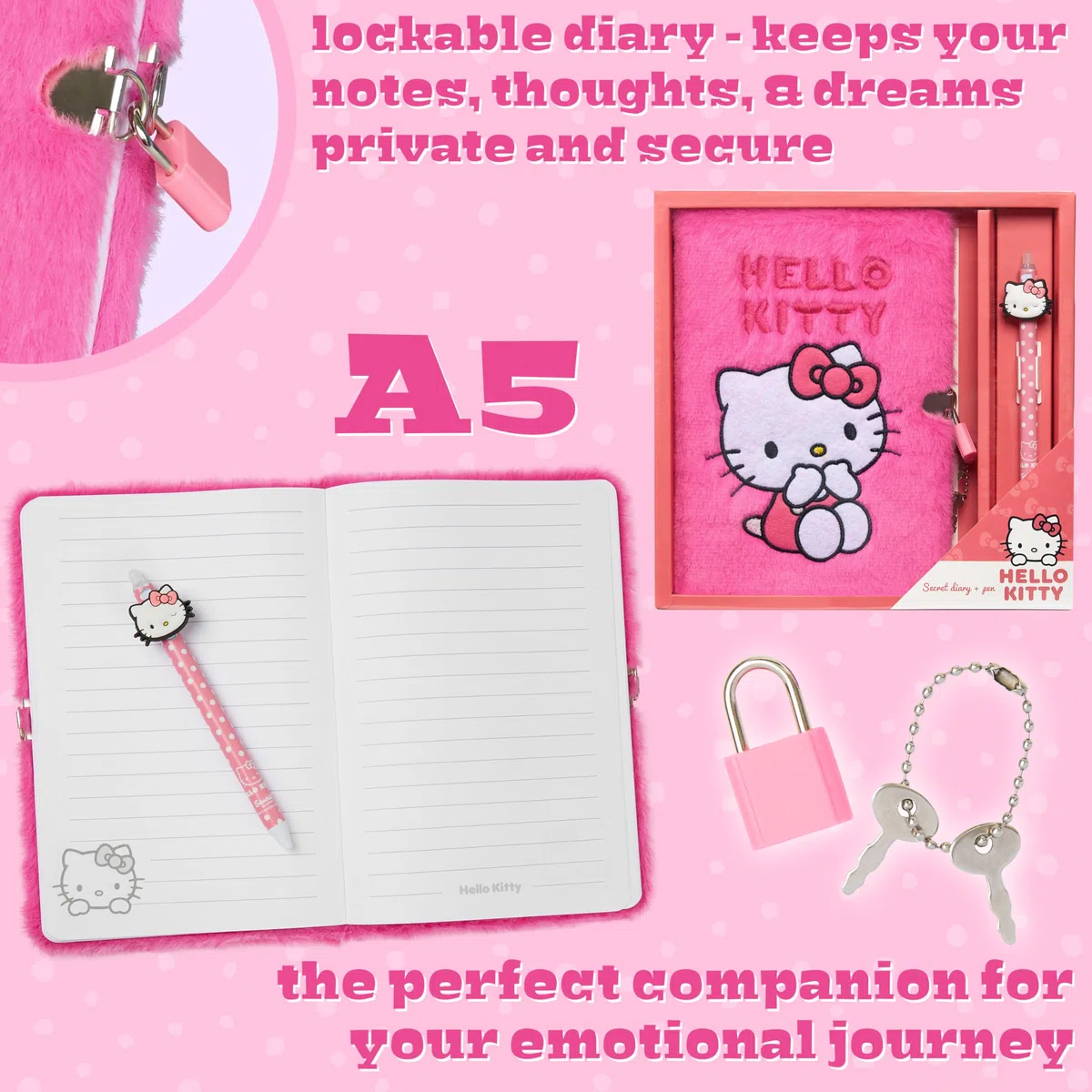 Hello Kitty Diario Segreto Bambina e Penna Biro Kuromi Diario con Lucchetto e Penna a Sfera Quaderni a Righe Set Cancelleria Ufficio Scuola (Rosa)