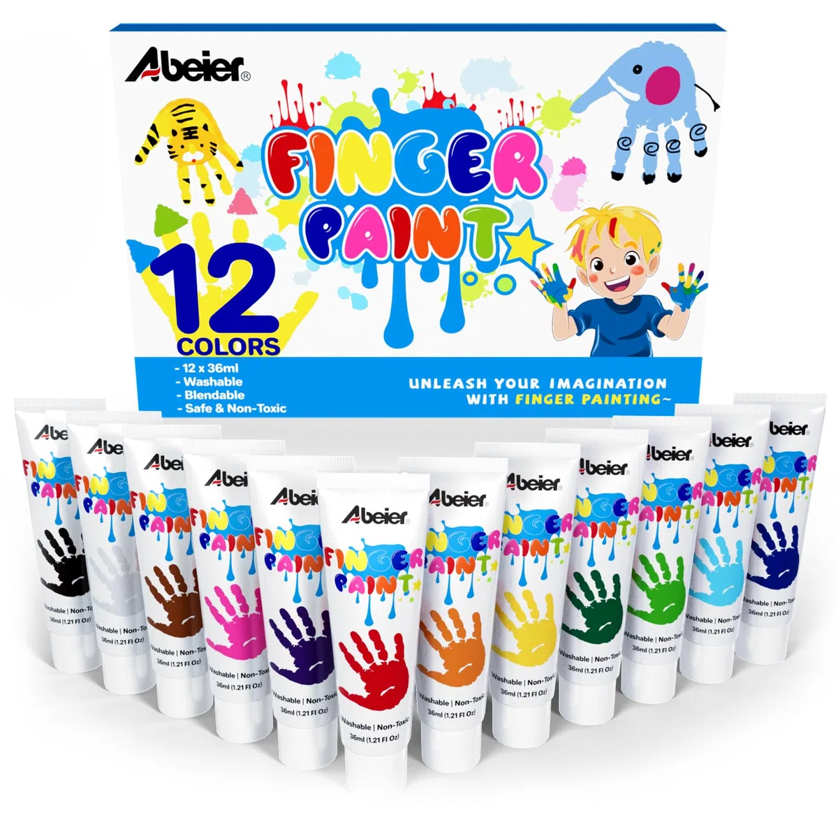 Abeier Vernice per dita 12 colori tempere lavabili bambino, vernice sicura per mani e piedi, forniture artistiche senza disordine per bambino