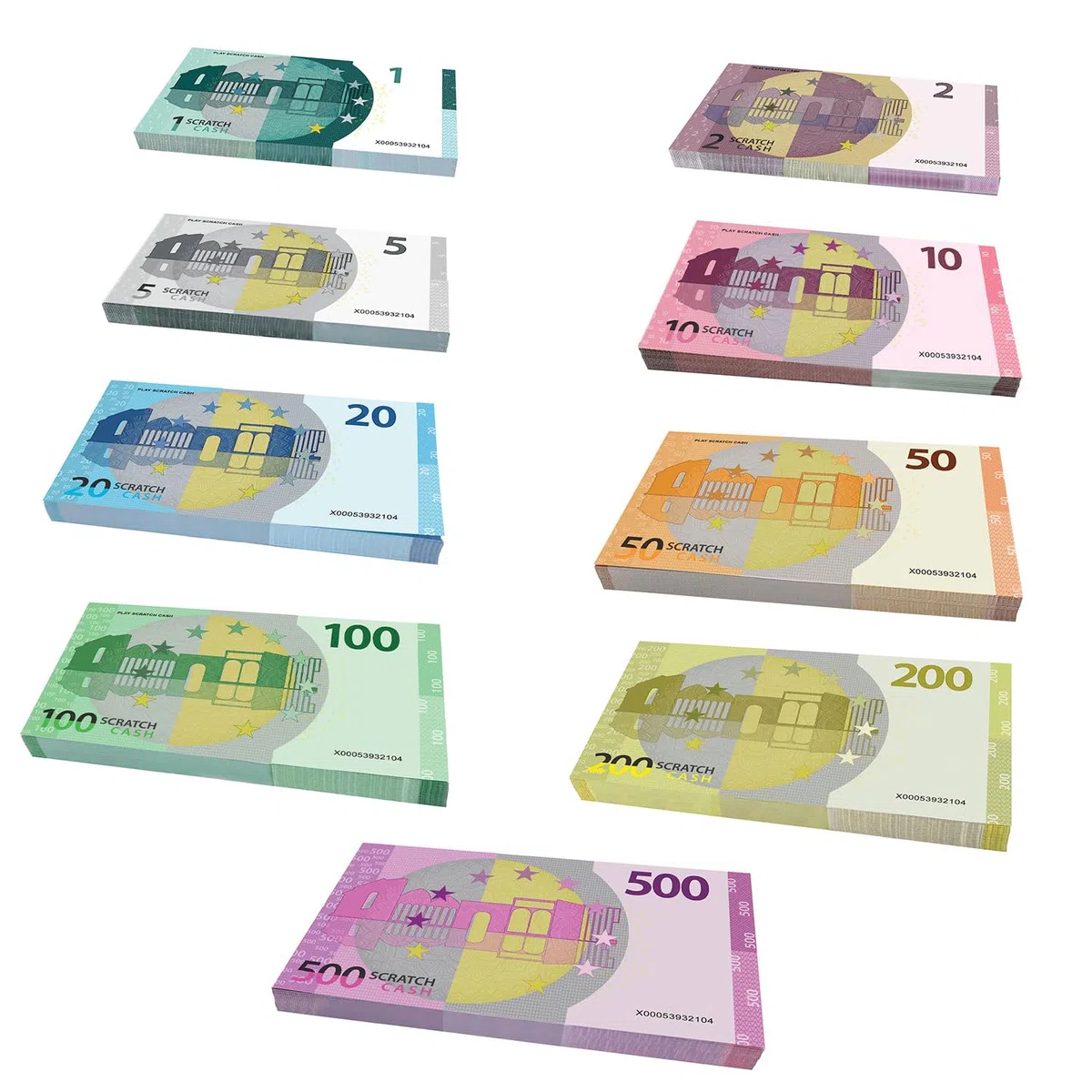 Scratch Cash Mini Bundle Plus 225 Banconote Finte 25 x 1, 2, 5, 10, 20, 50, 100, 200, 500 Euro, Fac-Simile Euro, Dimensioni Reali