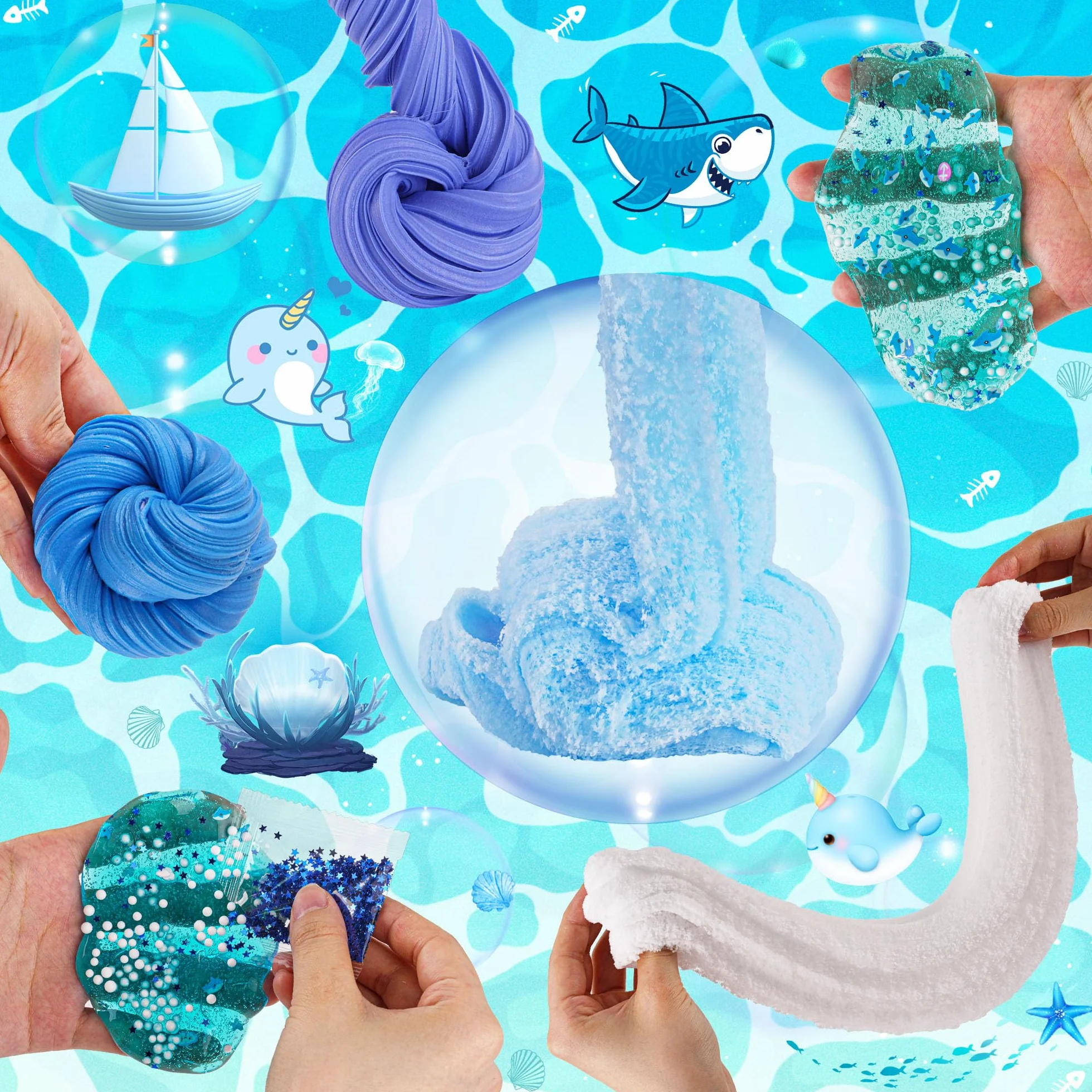 6 Confezioni Kit Slime Blu - Cloud, Butter & Clear, Croccante per Bambini con Aggiunte, Bomboniere per Feste, per Ragazze e Ragazzi, 360ml (Oceano)