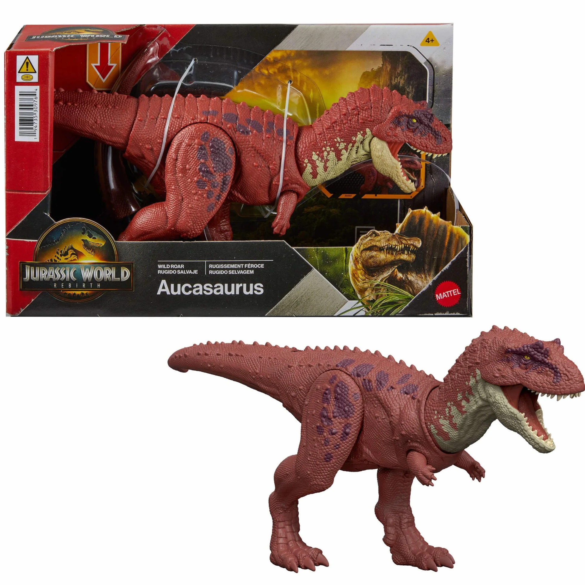 Mattel Jurassic World La Rinascita - Aucasaurus Ruggito Selvaggio, dinosauro giocattolo con movimento della bocca multidirezionale azionato con la coda e suoni, snodato, gioco digitale, JGB88