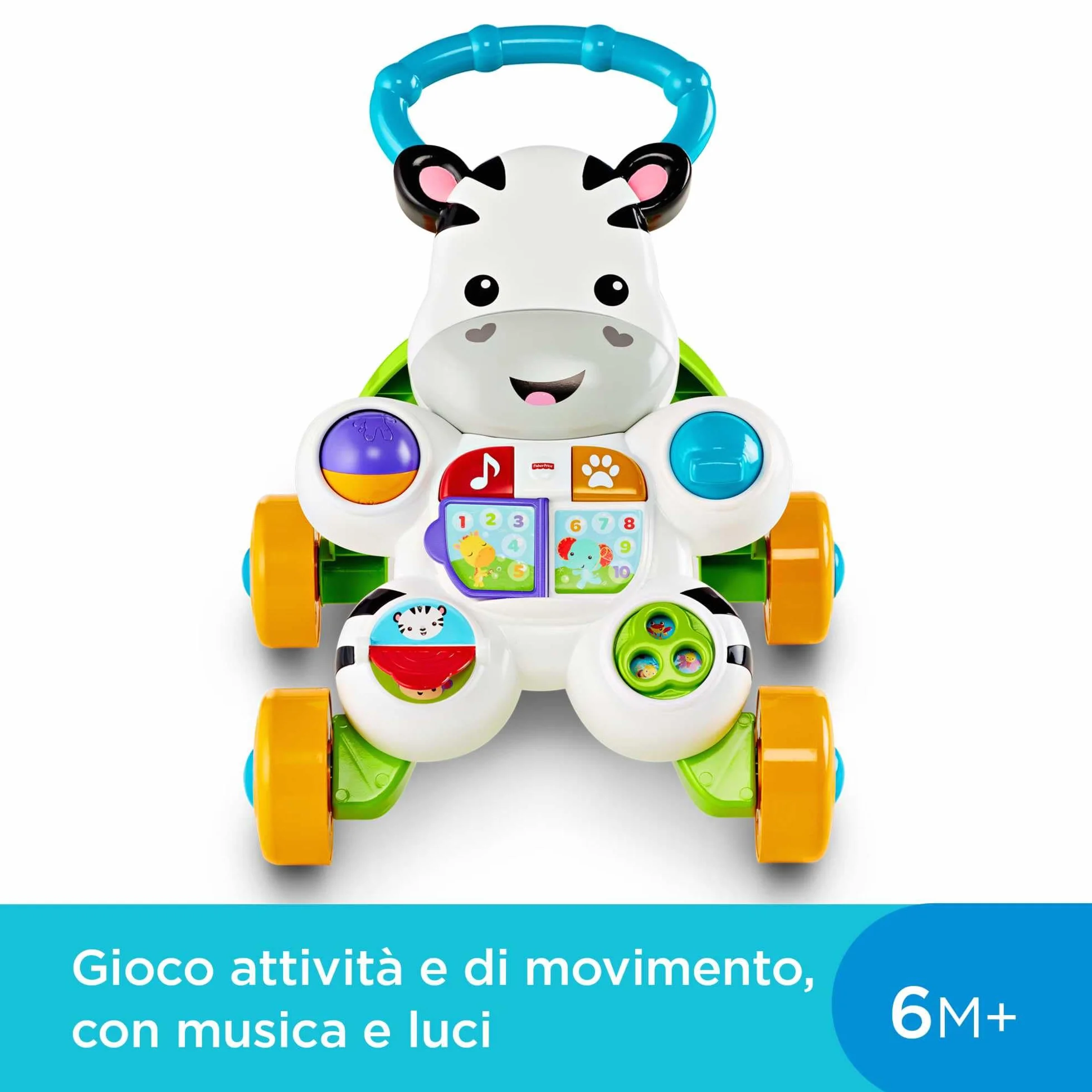 Fisher-Price Zebra Primi Passi Spingibile, Giocattolo Elettronico Educativo con Musica e Suoni, per Camminare, per Bambini di 6+ Mesi, Italiano Imballaggio Sostenibile, HBB66