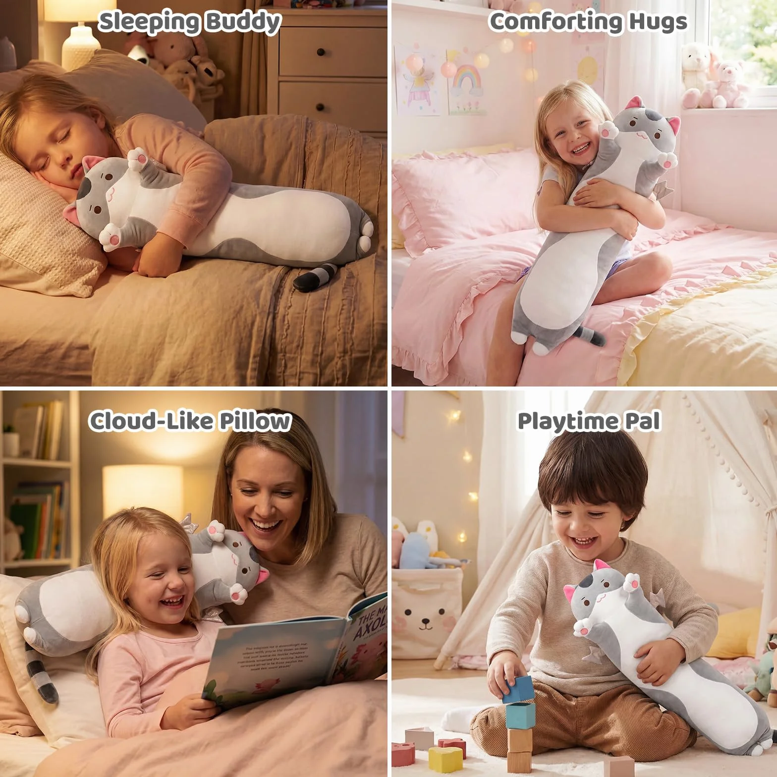 Mewaii Carino Gatto in Peluche Cuscino lungo Cuscino Animale Bambola Giocattoli Kawaii Soffici Comfort Cuscino in Peluche per Regalo per Bambini dai 3 anni in su, 50 cm, Gatto Grigio)