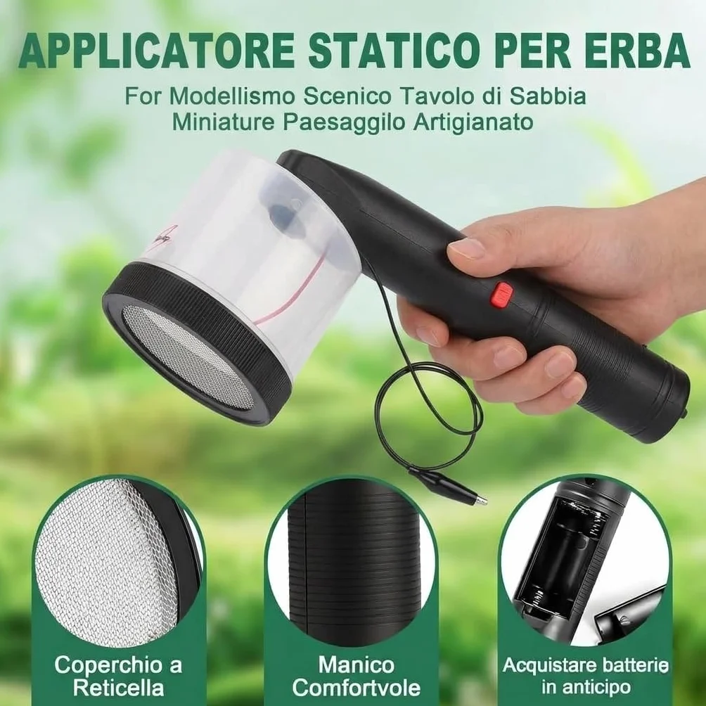 Applicatore di erba statica, strumento elettrostatico per floccaggio con spazzola e 6 tubi per erba per fai da te prato in miniatura scena, modellismo, architettura, paesaggi
